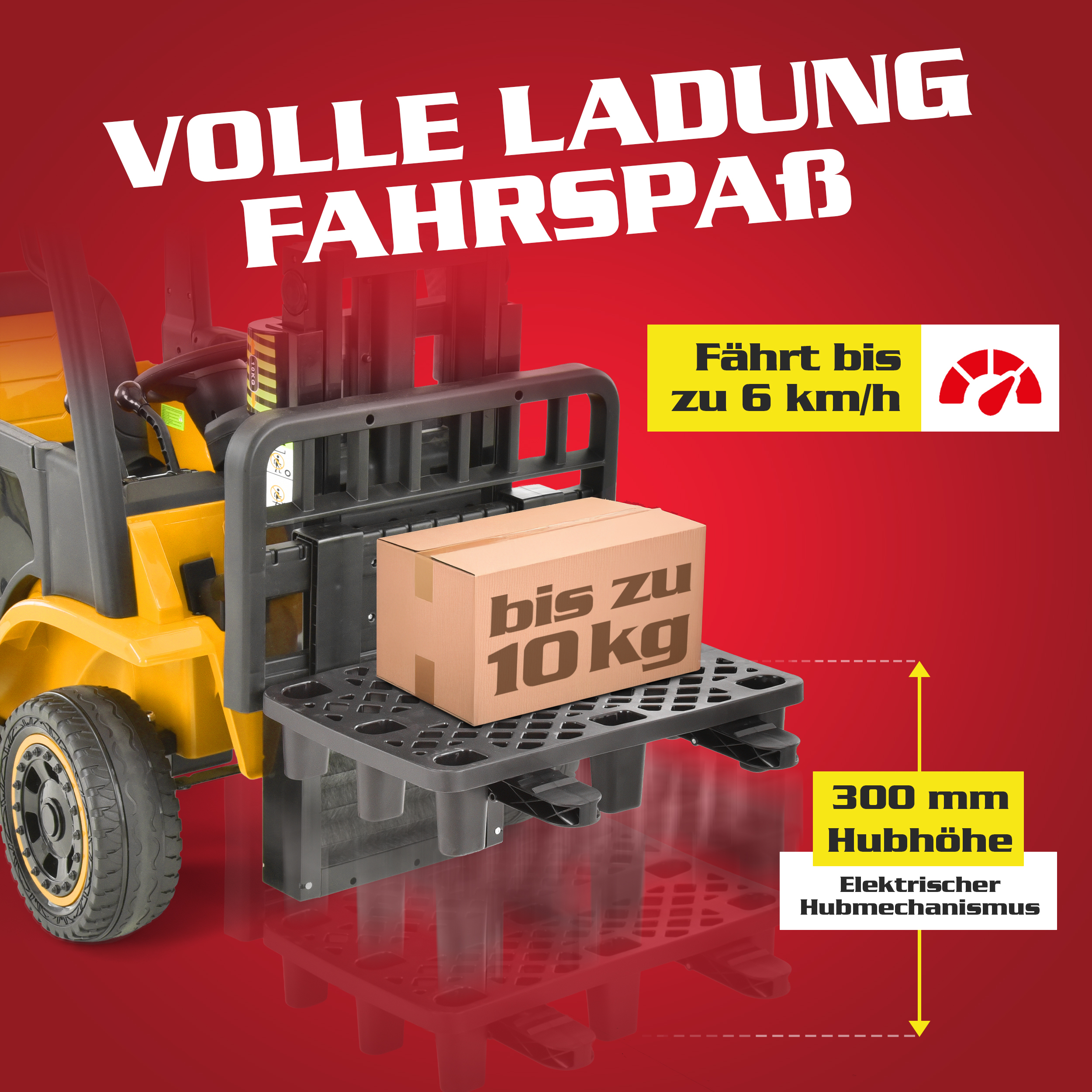 HECHT Kinder Elektro Gabelstapler 52108 GELB mit 2 × 40 W Motoren