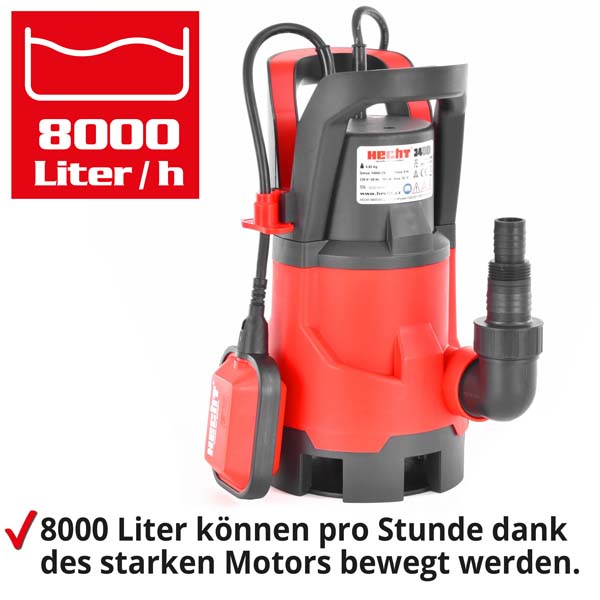 Hecht 3400 Tauchpumpe kann bis zu 8000 Liter pro Stunde, dank des starken Motors bewegen