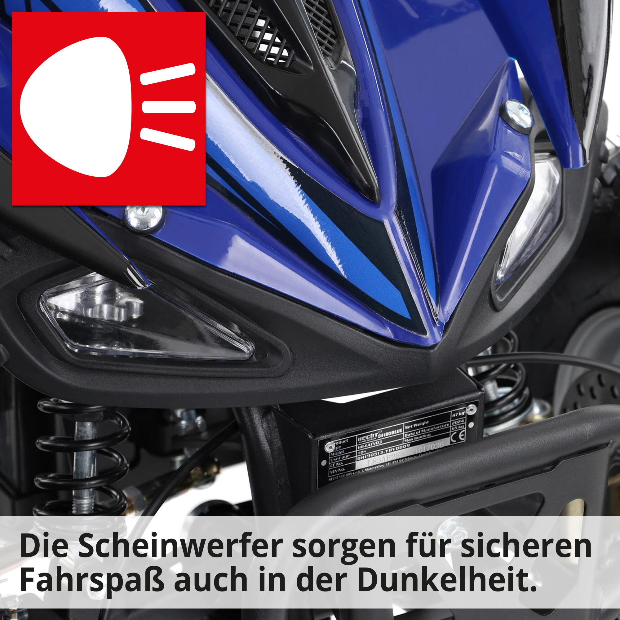 Hecht 54100 Blau QUAD - Quad mit Straßenzulassung ausgestattet mit Fernlicht, Abblendlicht, Rücklicht, Blinker und Bremslicht