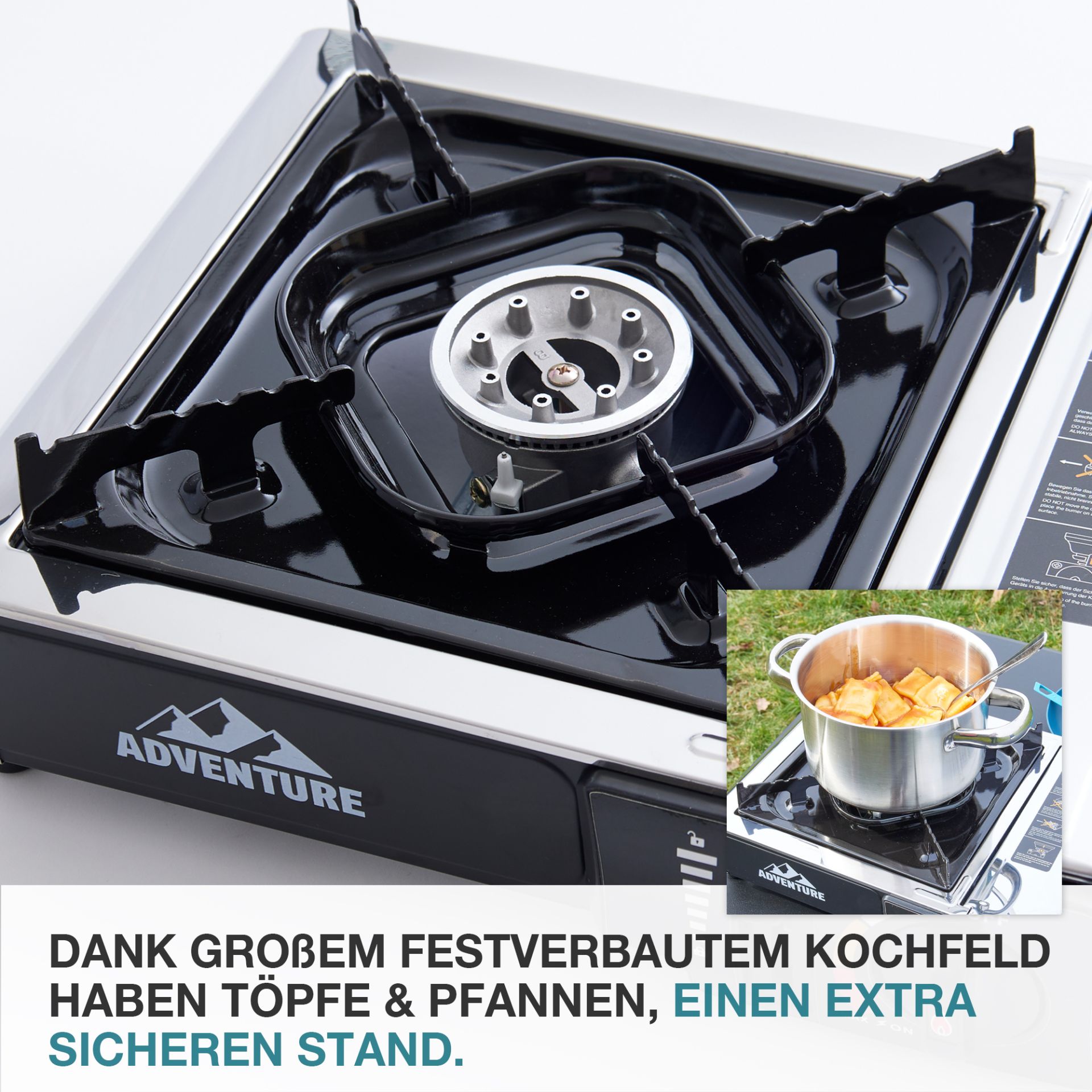 TOM Gaskocher - GK-227 Edelstahl Everest; fester Stand auch für große Töpfe und Pfannen