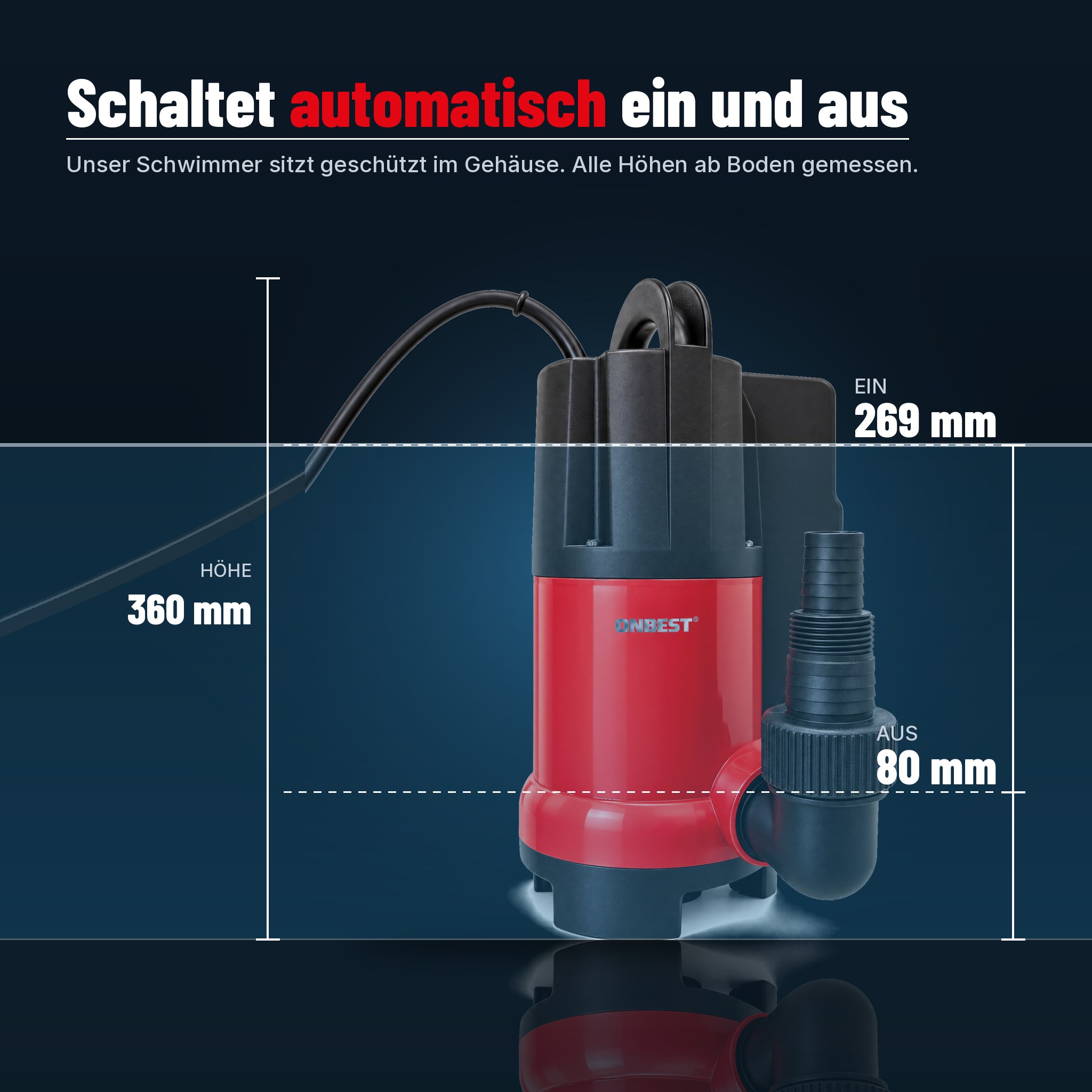 Schmutzwasserpumpe Automatik: Schwimmer im Gehäuse schaltet bei 80/269 mm (Dieses Bild wurde mit Hilfe von KI generiert.)