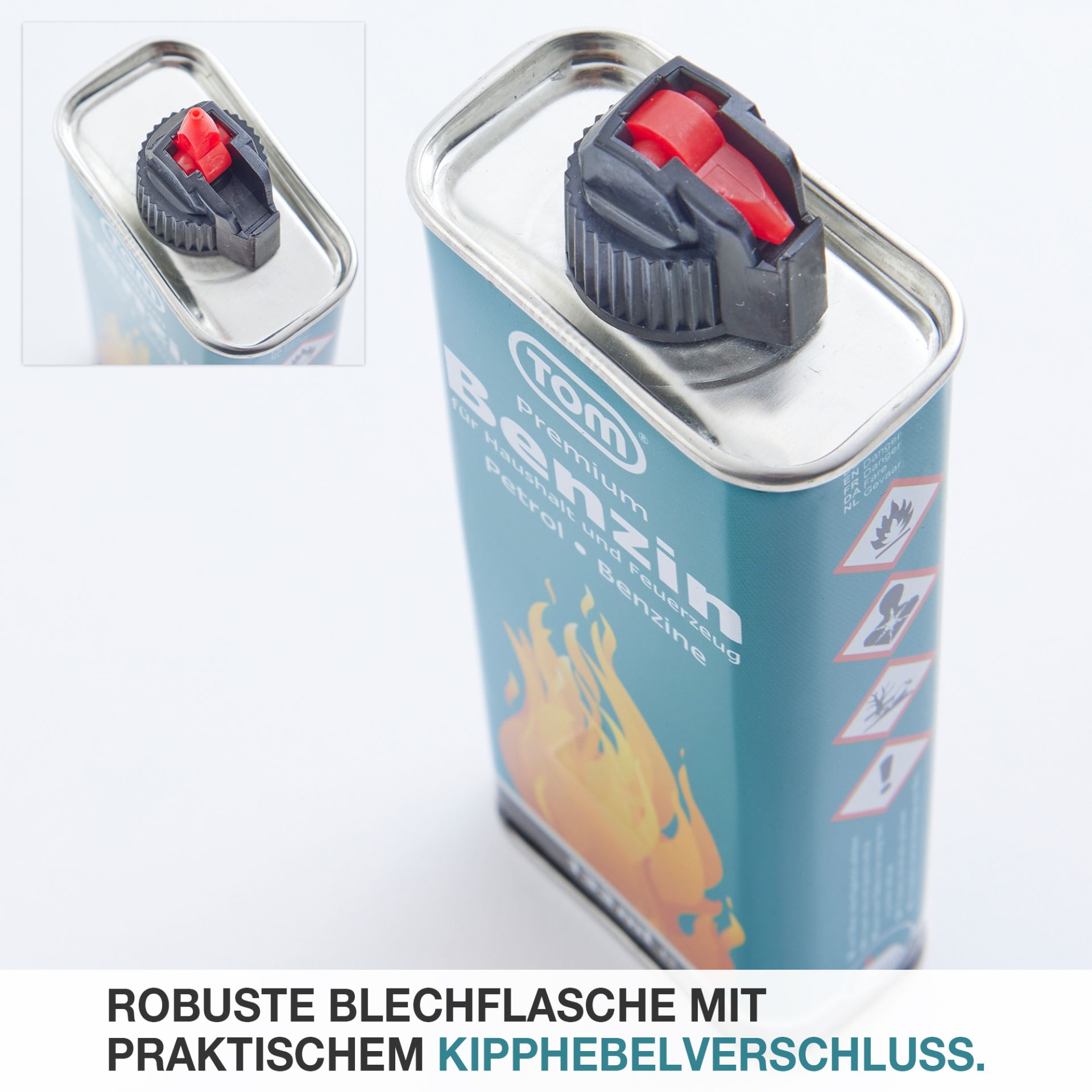 TOM LF-133 Feuerzeug Benzin; robuste Blechflasche und praktischer Kipphebelverschluss
