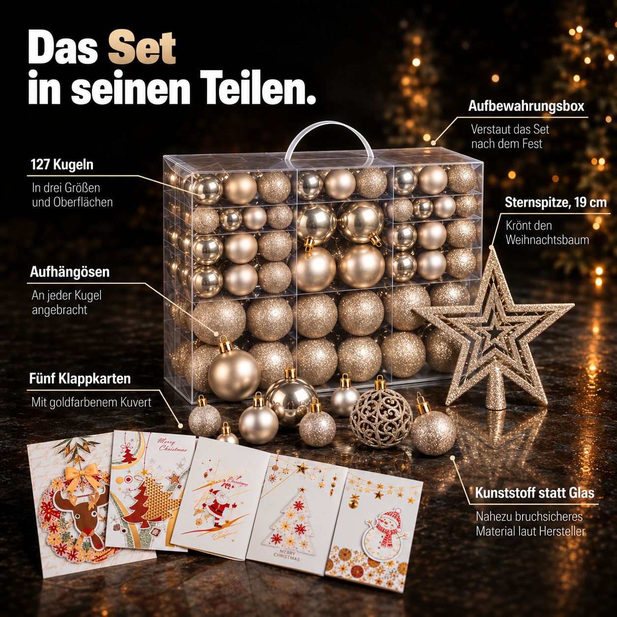 ONBEST Baumschmuck Set: Alle 128 Teile mit Stern und Karten im Detail (Dieses Bild wurde mit Hilfe von KI generiert.)