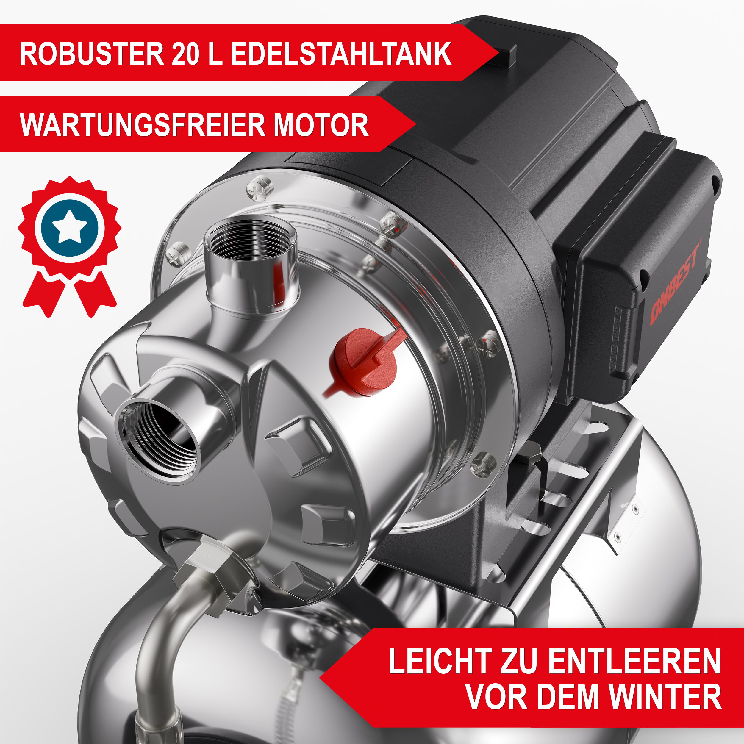 ONBEST Hauswasserwerk INOX; robuster 20 l Edelstahltank, wartungsfreier Motor, leicht zum Entleeren vor dem Winter