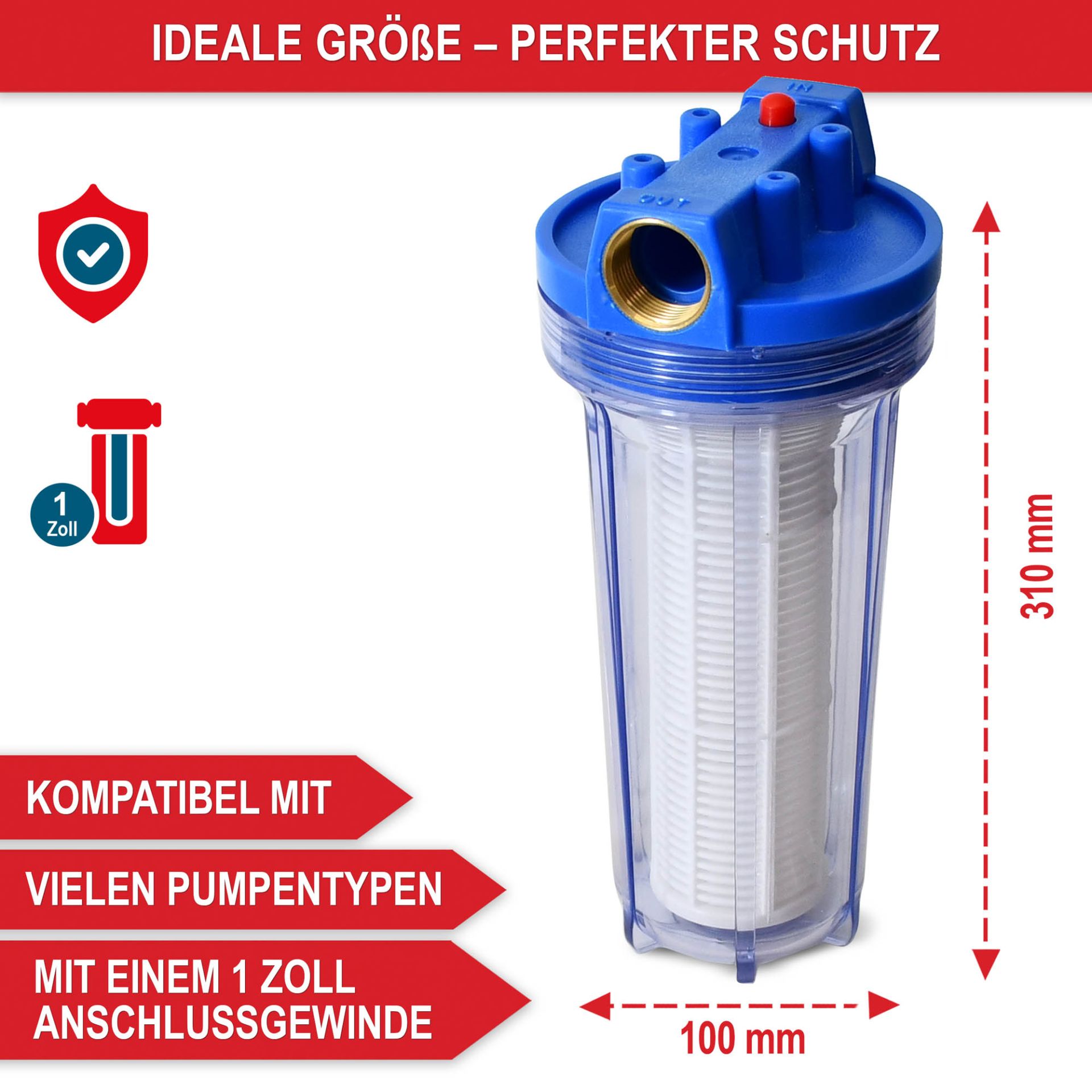 Wasserfilter WF-6055 mit idealer Größe und perfektem Schutz; kompatibel mit vielen Pumpentypen mit einem 1 Zoll Anschlussgewinde