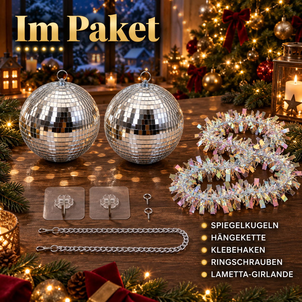 ONBEST Spiegelkugeln im Set: 2 Kugeln mit Hängeketten, Haken und Lametta (Dieses Bild wurde mit Hilfe von KI generiert.)