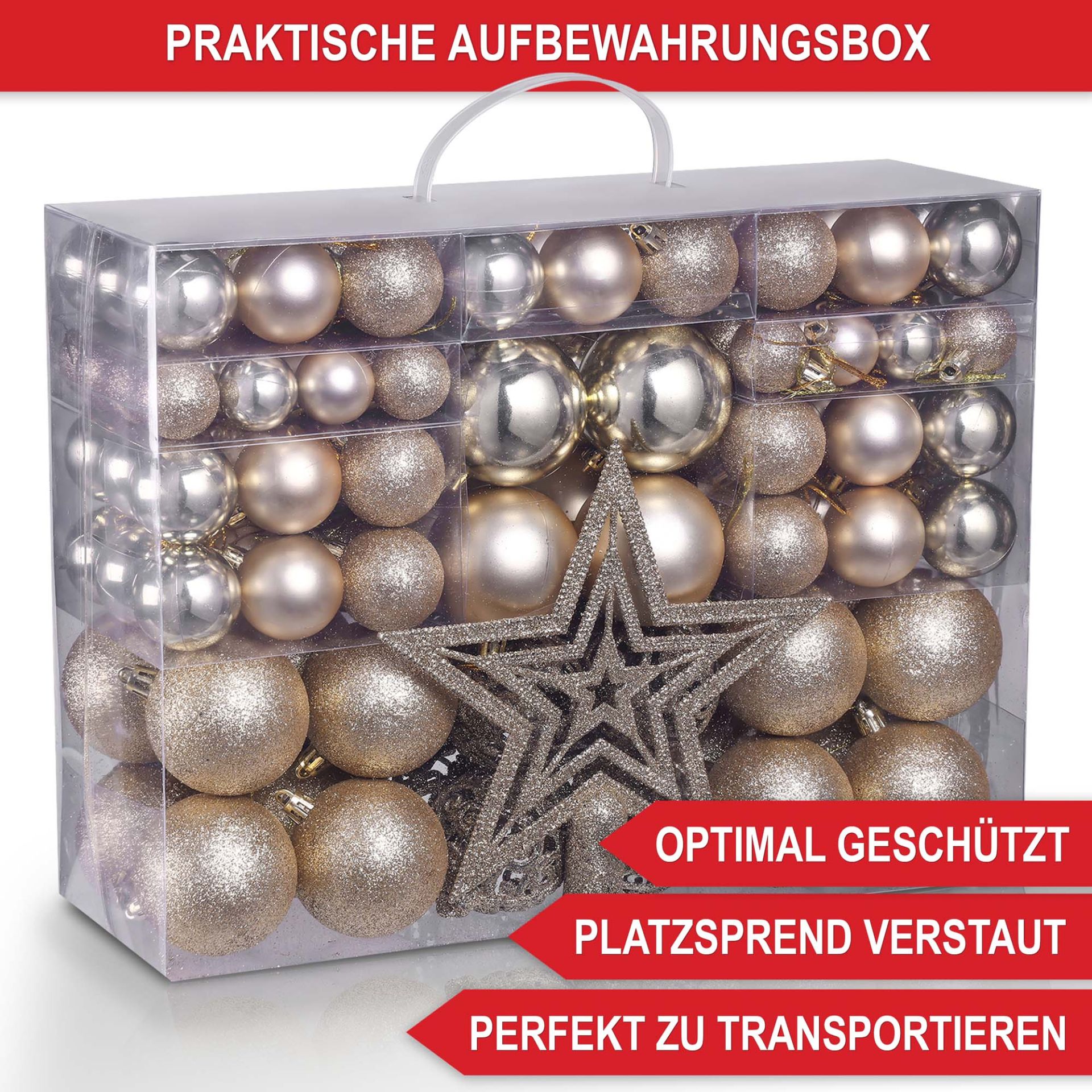 Weihnachtskugeln Champagner - Praktische Aufbewahrungsbox, optimal geschützt, platzsparend verstaut, perfekt transportieren