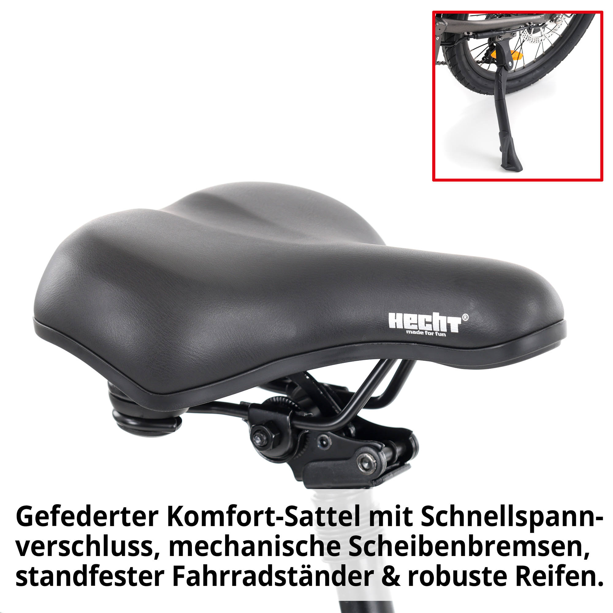 Elektro Klapprad; Gefederter Komfort-Sattel mit Schnellspannverschluss, mechanische Scheibenbremse, standfester Fahrradständer und robuste Reifen