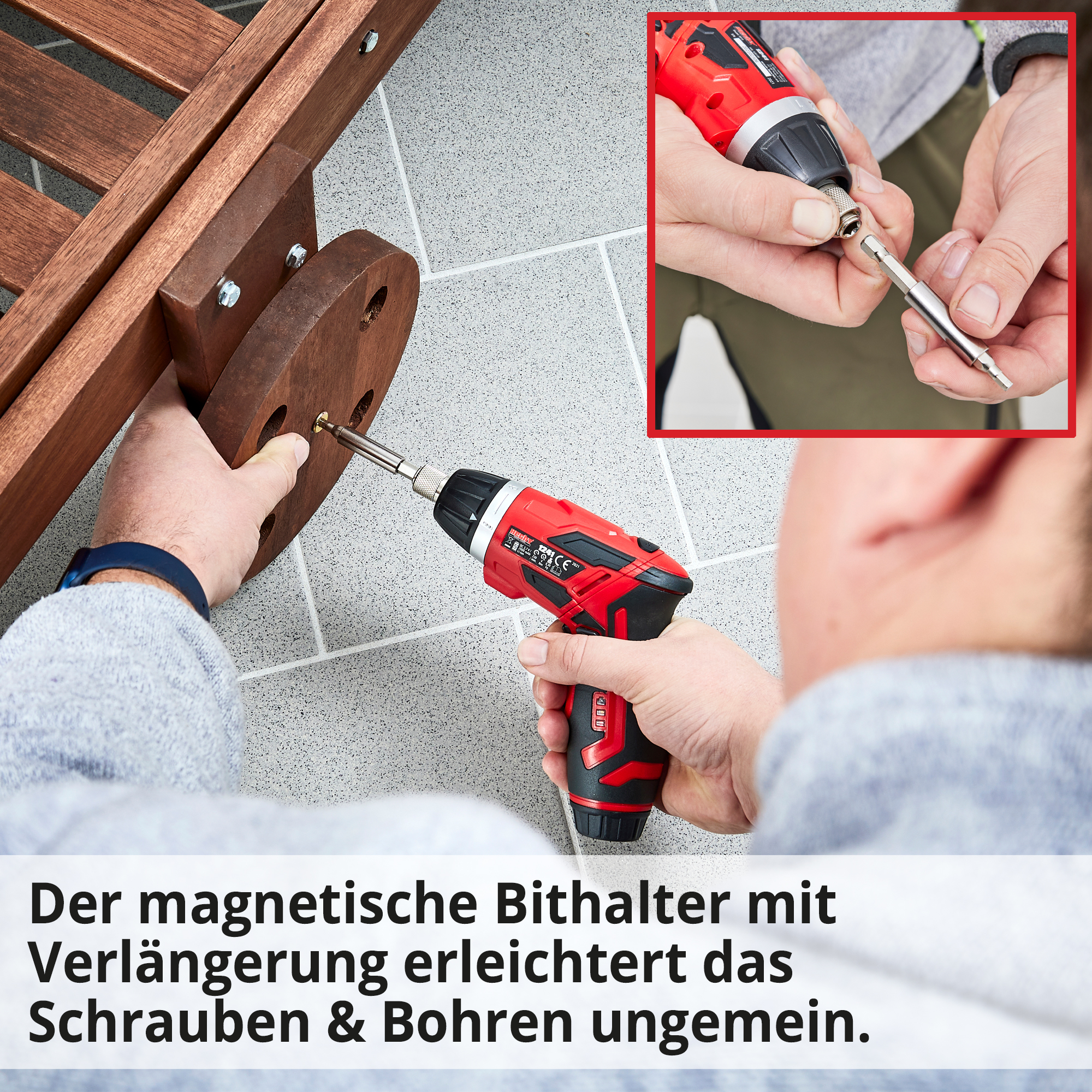 HECHT 1241 Mini-Akkuschrauber; Der magnetische Bithalter mit Verlängerung erleichtert das Schrauben und Bohren ungemein