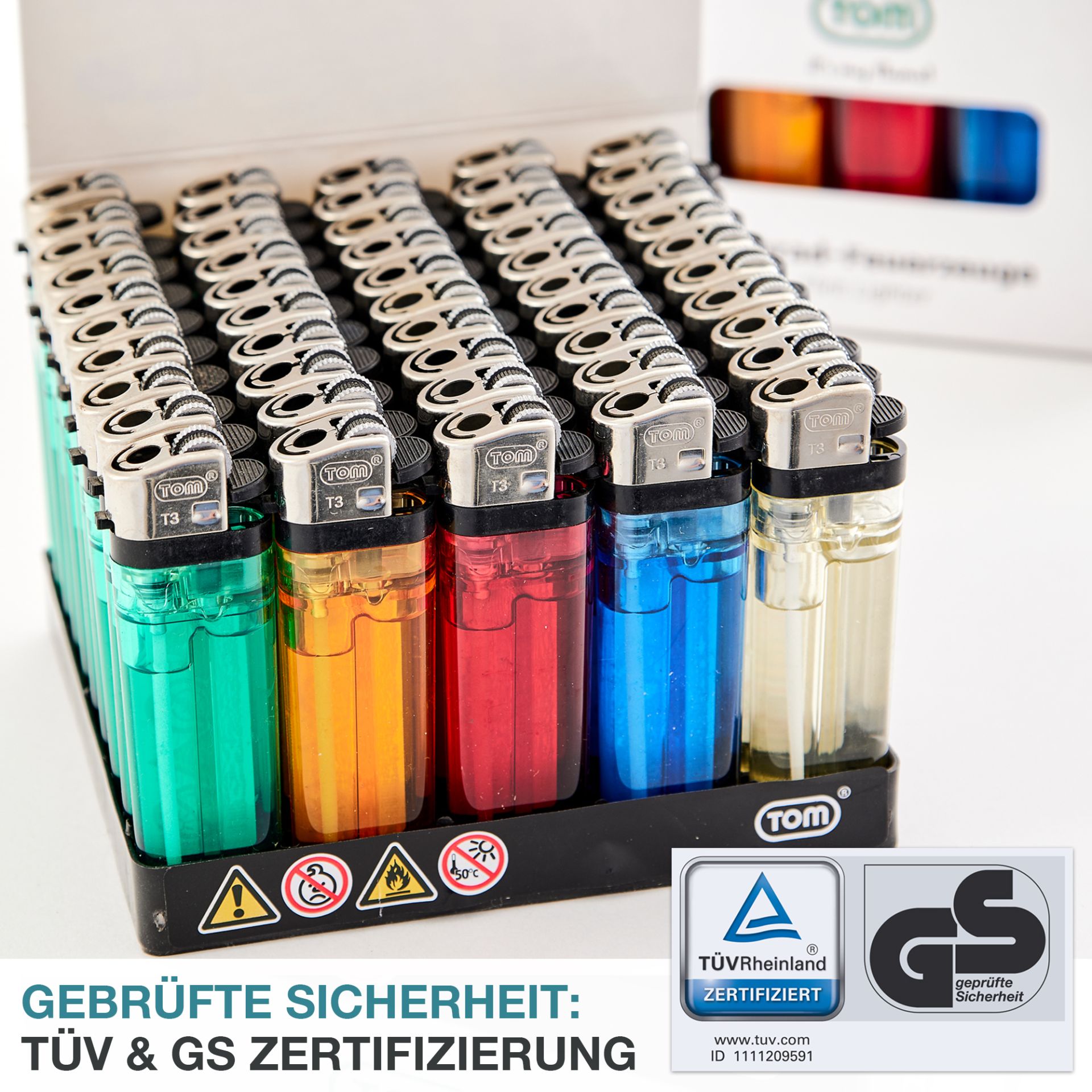 TOM Reibrad Feuerzeug: TÜV und GS Zertifizierung