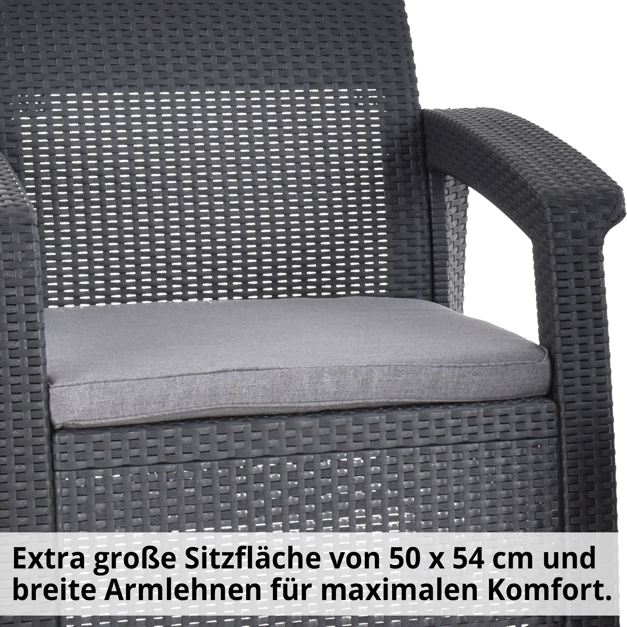 Gartensitzgruppe mit extra großer Sitzfläche und breiter Armlehne für maximalen Komfort