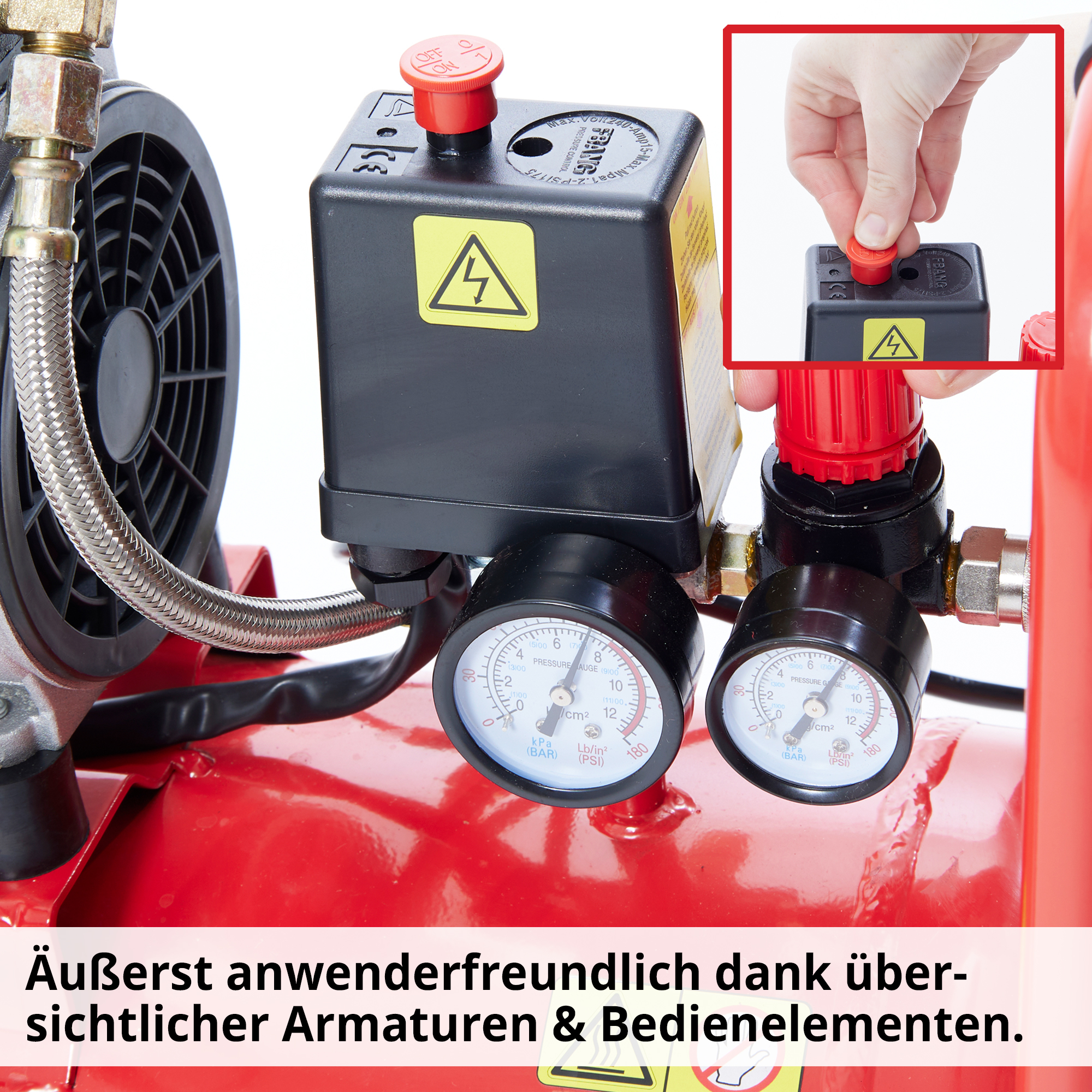 Flüster Kompressor; Äußerst anwenderfreundlich dank übersichtlicher Armaturen und Bedienelemente Flüster Kompressor; Äußerst anwenderfreundlich dank übersichtlicher Armaturen und Bedienelemente