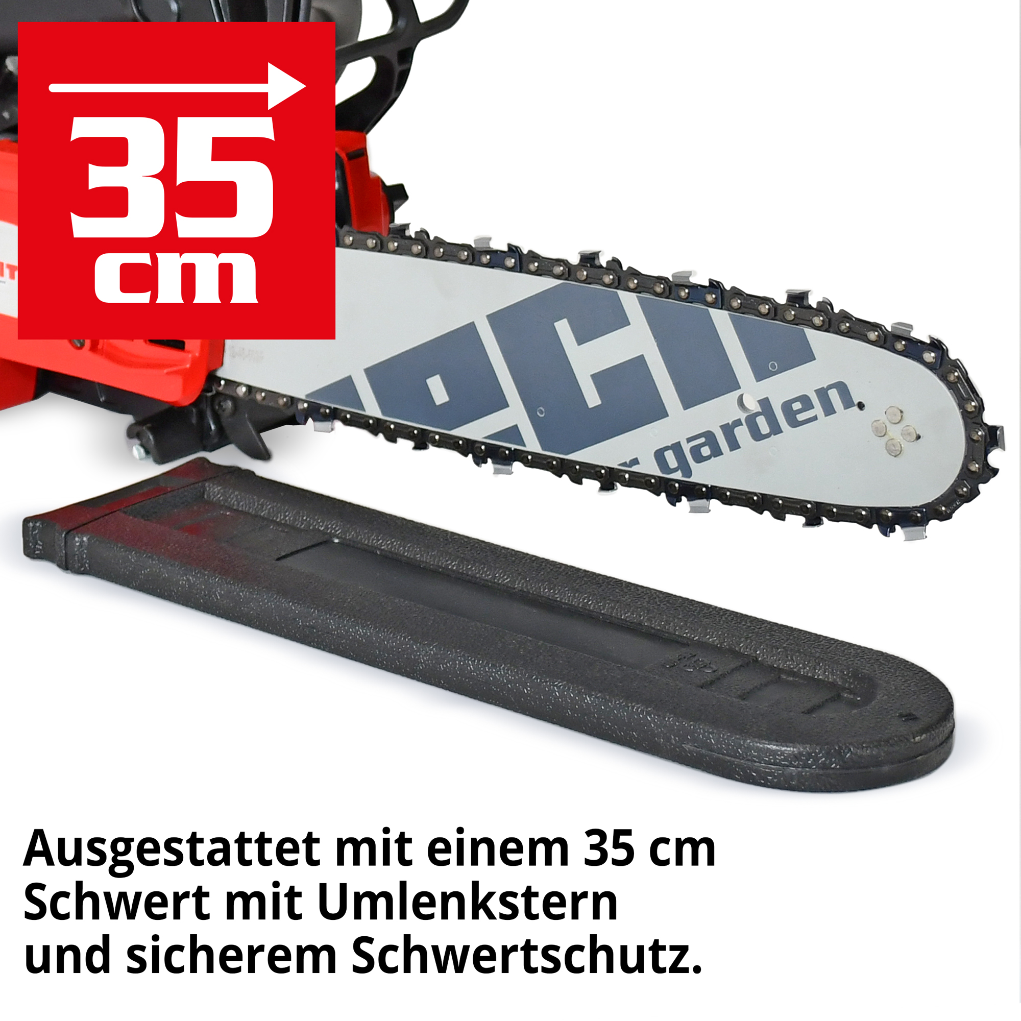 Hecht 924 R Motorsäge ausgestattet mit einem 35cm Schwert mit Umlenkstern und sicherem Schwertschutz