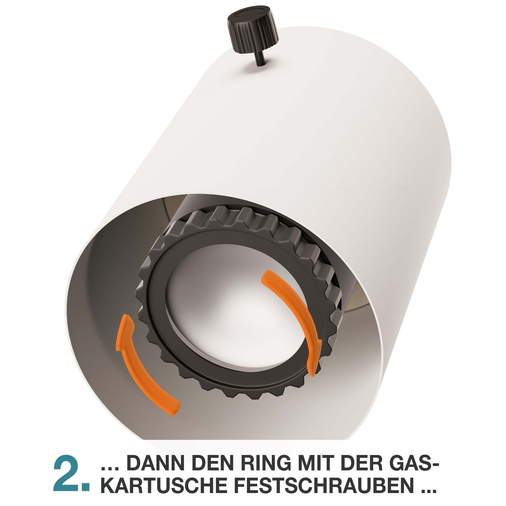Tischkamin Anleitung Schritt 2: Gaskartusche durch Drehung des Rings sicher fixieren Tischkamin Anleitung Schritt 2: Gaskartusche durch Drehung des Rings sicher fixieren