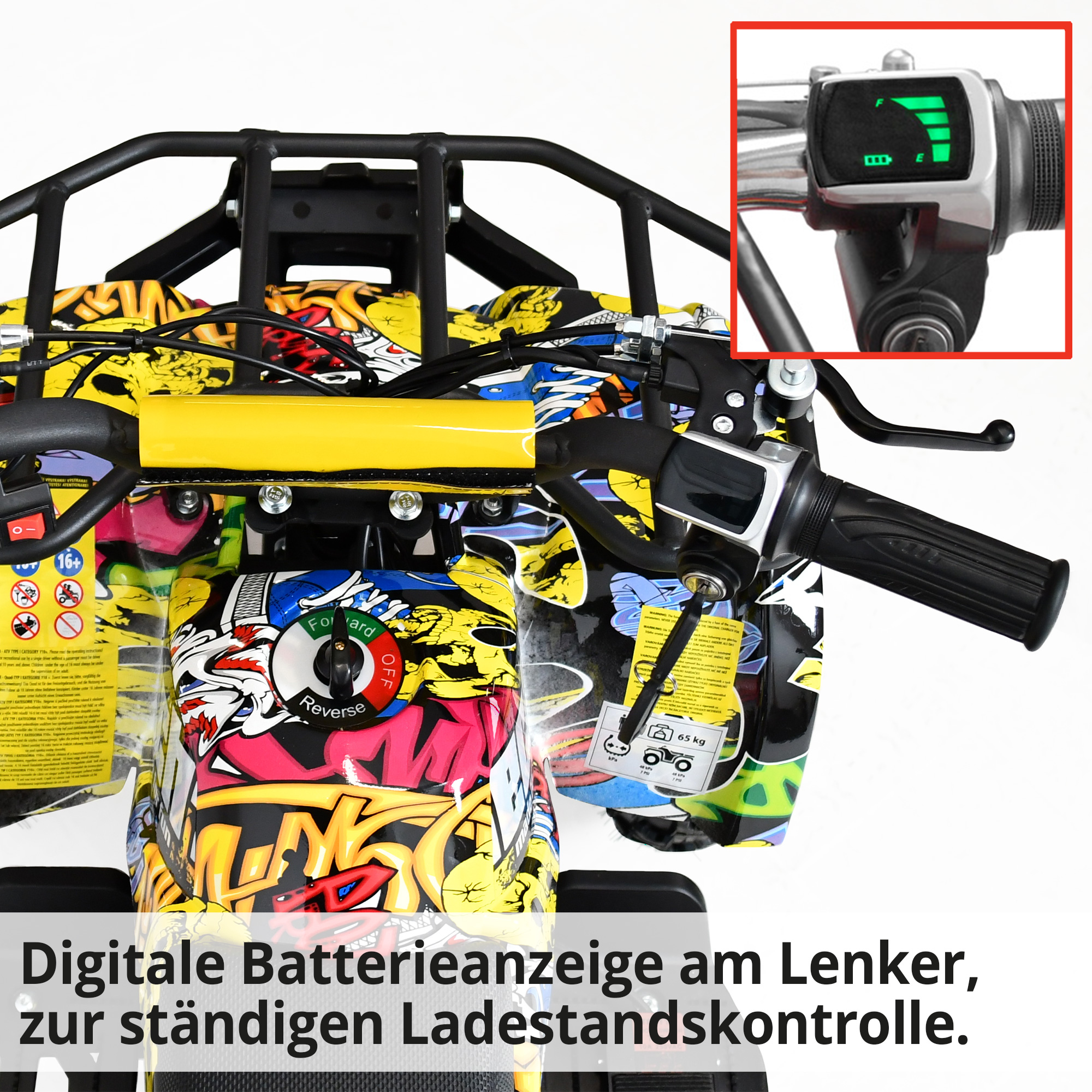Hecht 56100 COMIC QUAD mit digitaler Batterieanzeige am Lenker, zur ständigen Ladestandskontrolle