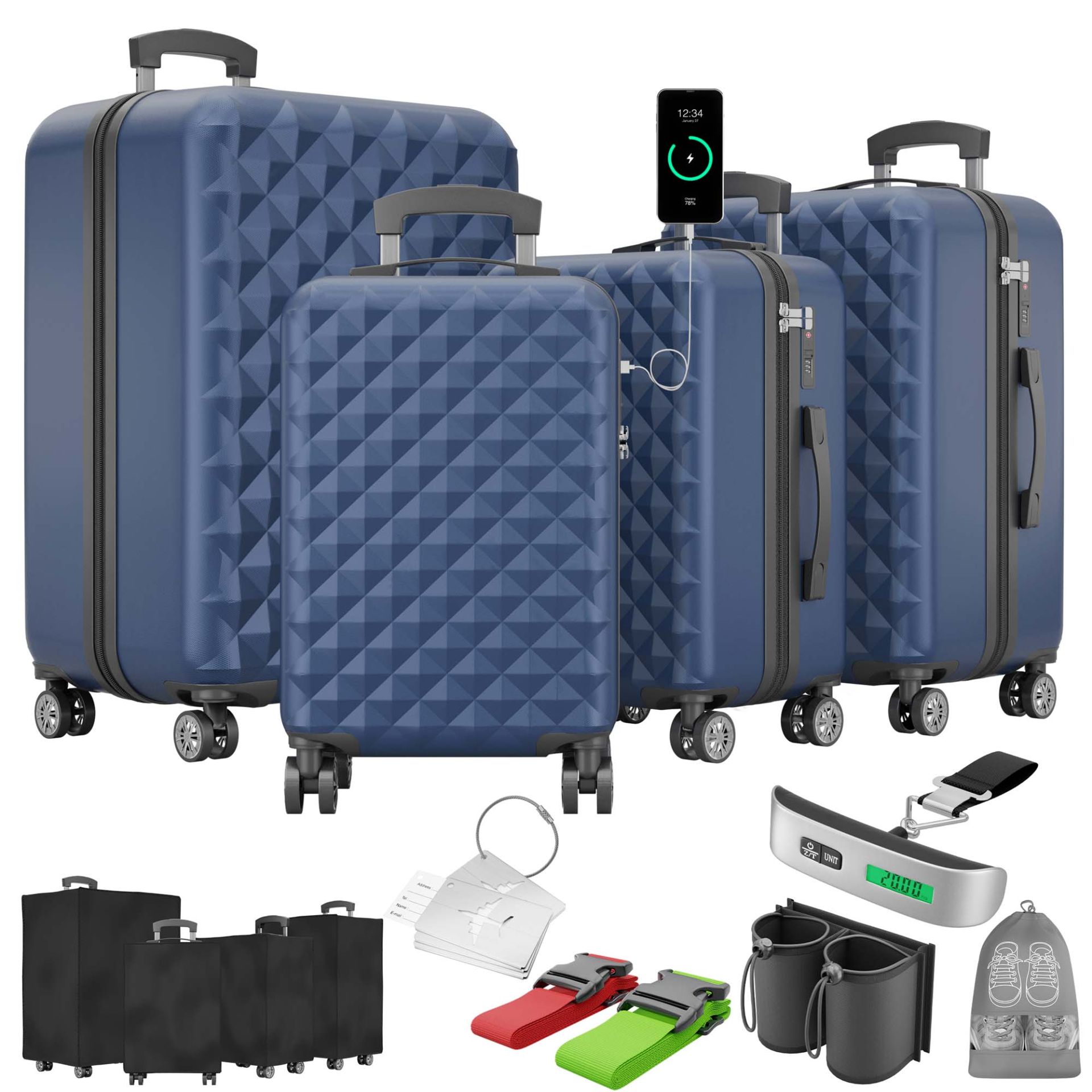 Kofferset ONBEST 4-teilig Blau mit USB, TSA-Schloss & Zubehör – stylisch, sicher und reisetauglich