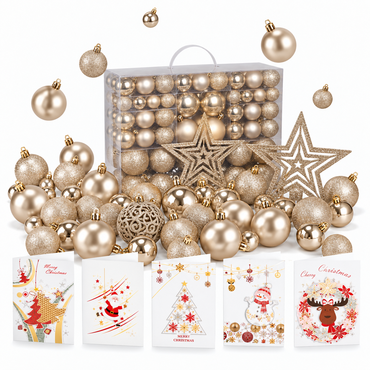 ONBEST Christbaumkugeln: Komplettes Champagner-Set freigestellt auf Weiß (Dieses Bild wurde mit Hilfe von KI generiert.)