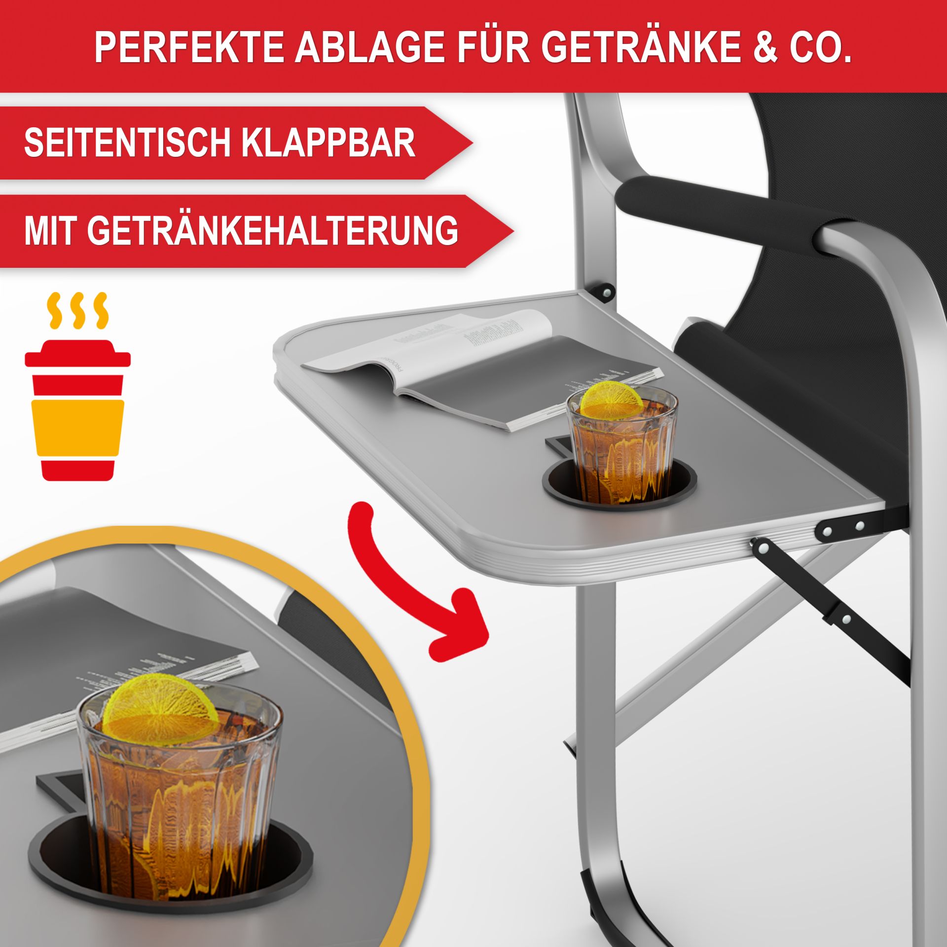 Campingstuhl mit Kühltasche schwarz - Perfekte Ablage für Getränke und weiteres; Seitentisch klappbar, mit Getränkehalterung