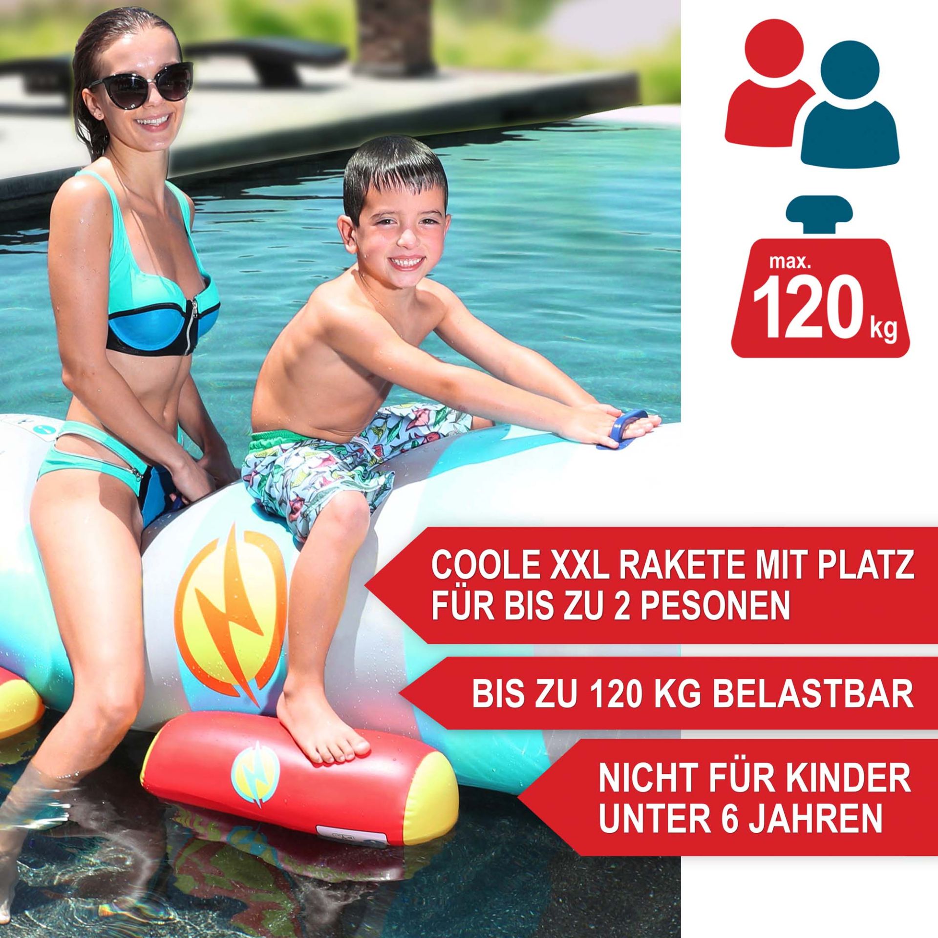 Bananenboot Rakete - Platz für bis zu 2 Personen, schwer belastbar, ab 6 Jahren Bananenboot Rakete - Platz für bis zu 2 Personen, schwer belastbar, ab 6 Jahren