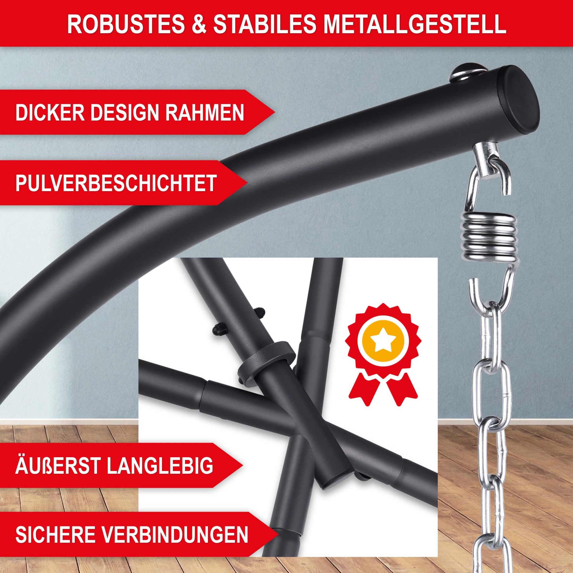 Hängesessel grau - robustes und stabiles Metallgestell, dicker Designrahmen, Pulverbeschichtet, äußerst langlebig, sichere Verbindung