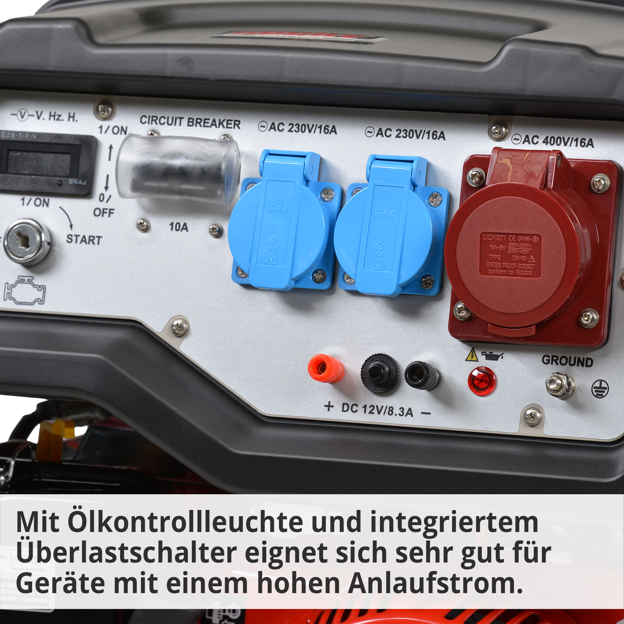 Notstromaggregat Benzin; Mit Ölkontrollleuchte und integriertem Überlastschalter eignet sich sehr gut für Geräte mit einem hohen Anlaufstrom Notstromaggregat Benzin; Mit Ölkontrollleuchte und integriertem Überlastschalter eignet sich sehr gut für Geräte mit einem hohen Anlaufstrom