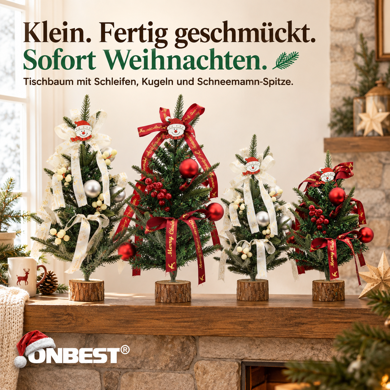 Tischbaum ONBEST fertig geschmückt mit Kugeln, Schleifen und Schneemann (Dieses Bild wurde mit Hilfe von KI generiert.)