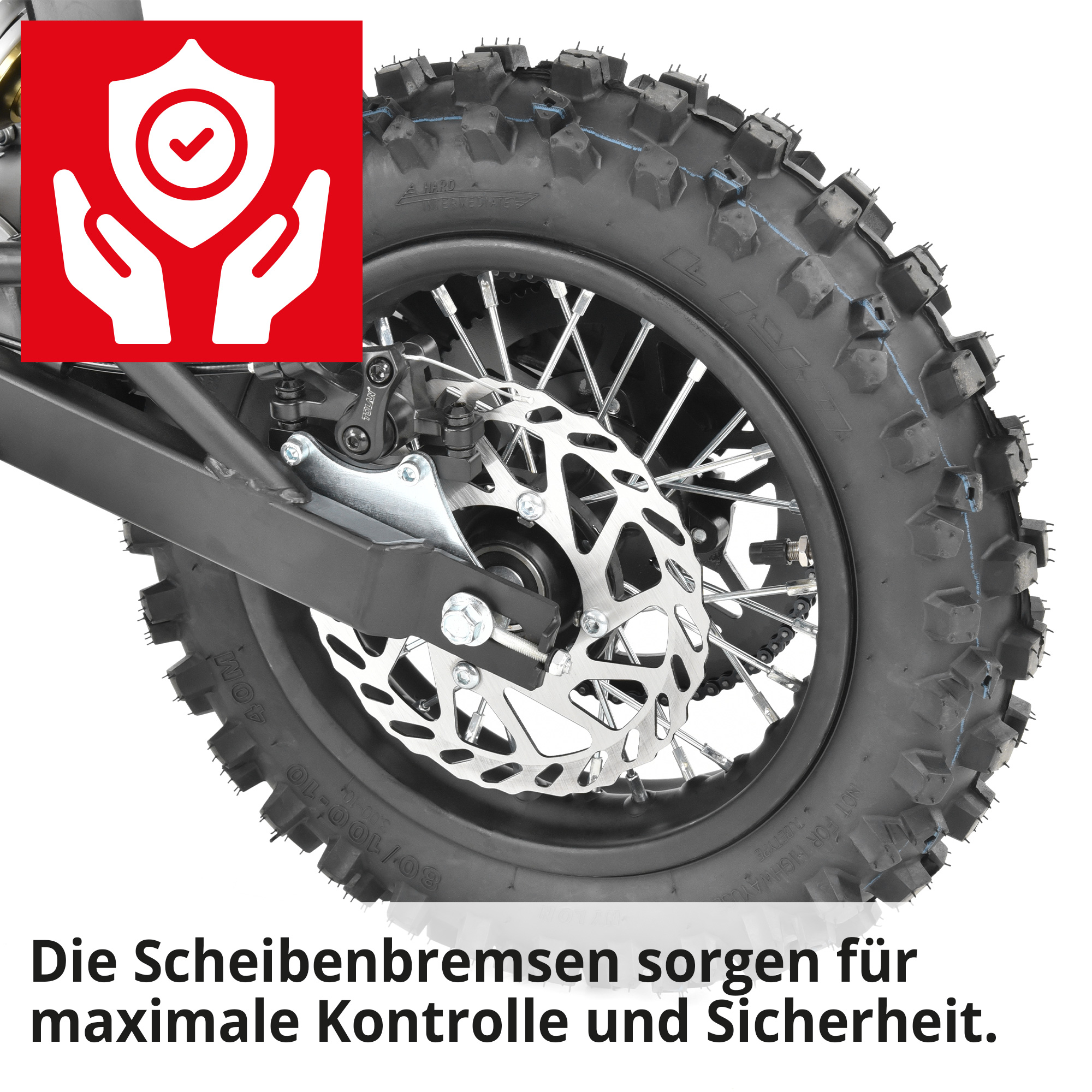 Hecht 59100 Elektro Pocketbike Grün; Die Scheibenbremsen sorgen für maximale Kontrolle und Sicherheit