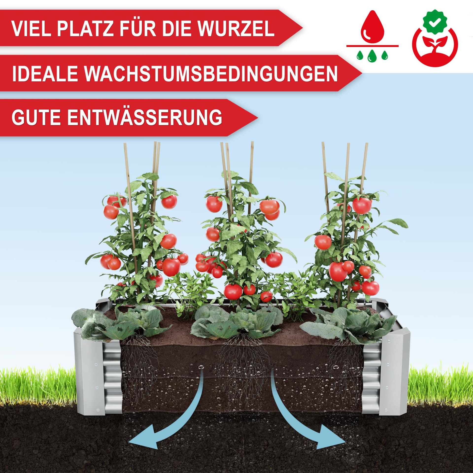 Hochbeet Stahl Silber - Viel Platz für die Wurzeln, ideale Wachstumsbedingungen, gute Entwässerung