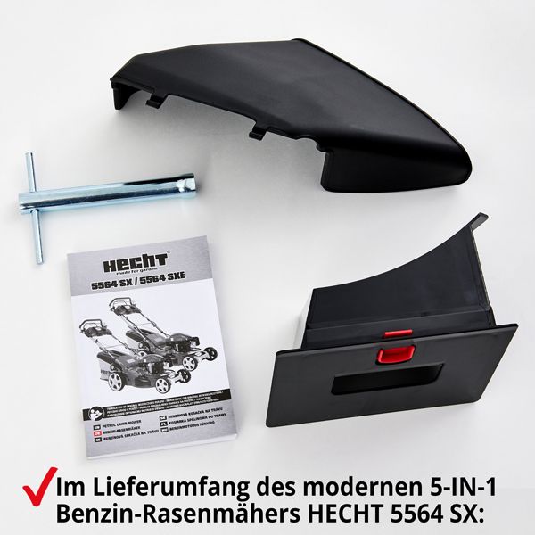 Lieferumfang des HECHT 5564 SX Benzin-Rasenmähers mit Mulchaufsatz, Seitenauswurf, Montage-werkzeug und Bedienungsanleitung