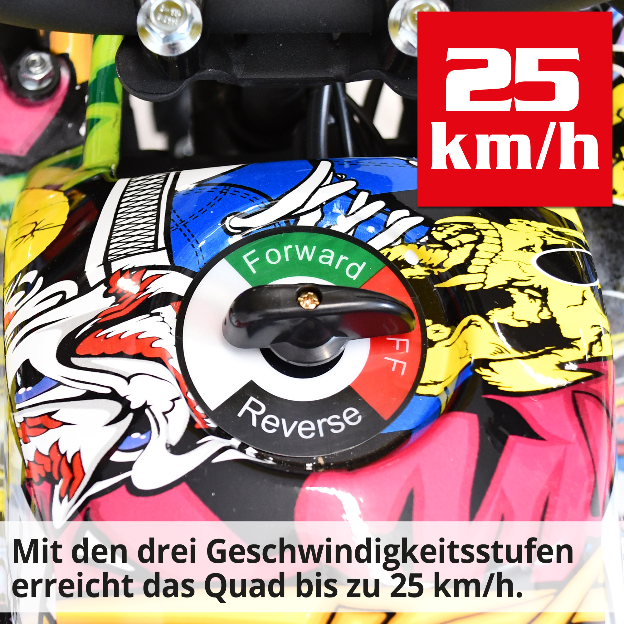Hecht 56100 COMIC QUAD mit den 3 Geschwindigkeitsstufen erreicht das Quad bis zu 25km/h
