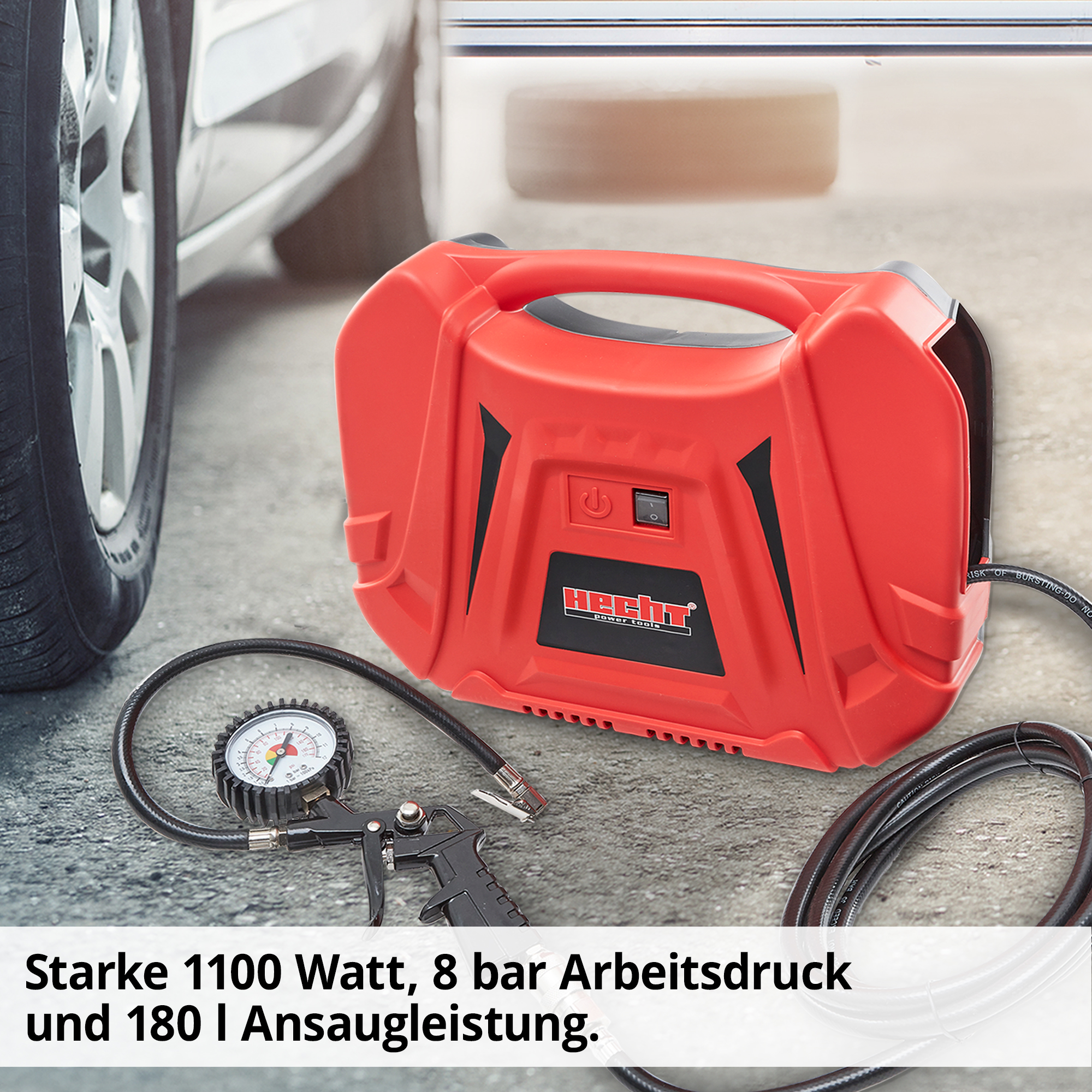 Kofferkompressor; Starke 1100 Watt, 8 Bar Arbeitsdruck und hohe Ansaugleistung