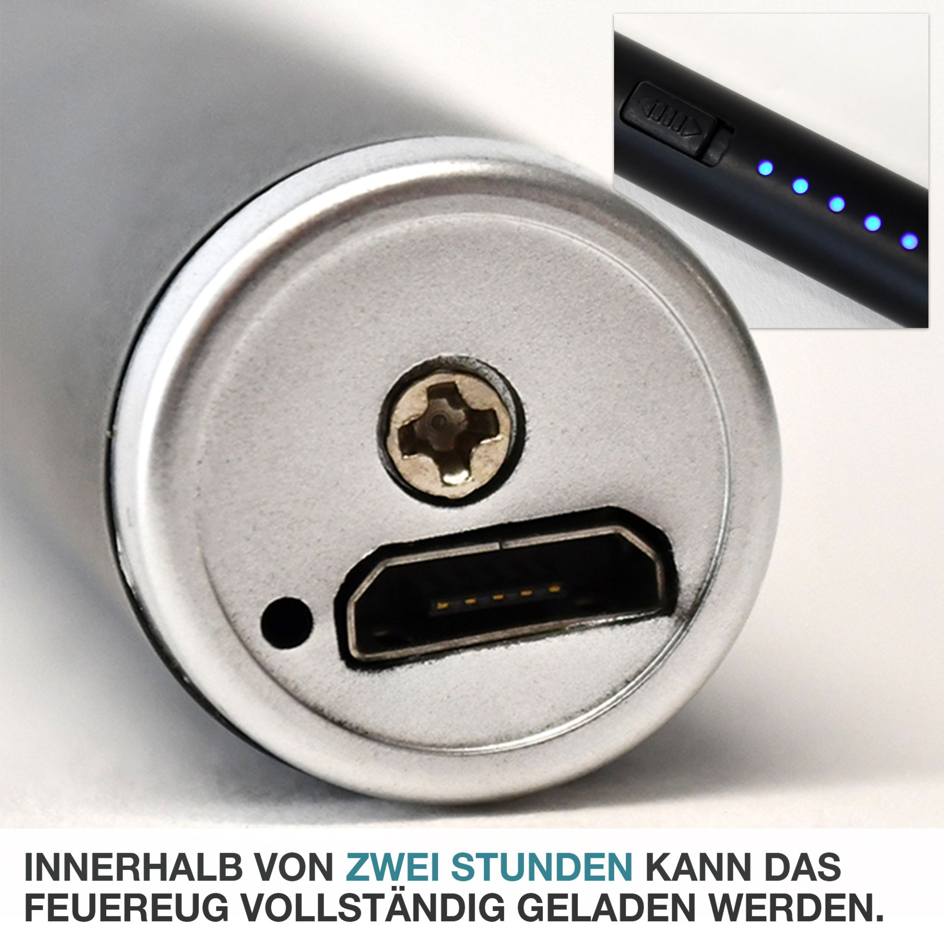 TOM Lichtbogenfeuerzeug; Zwei Stunden Ladezeit