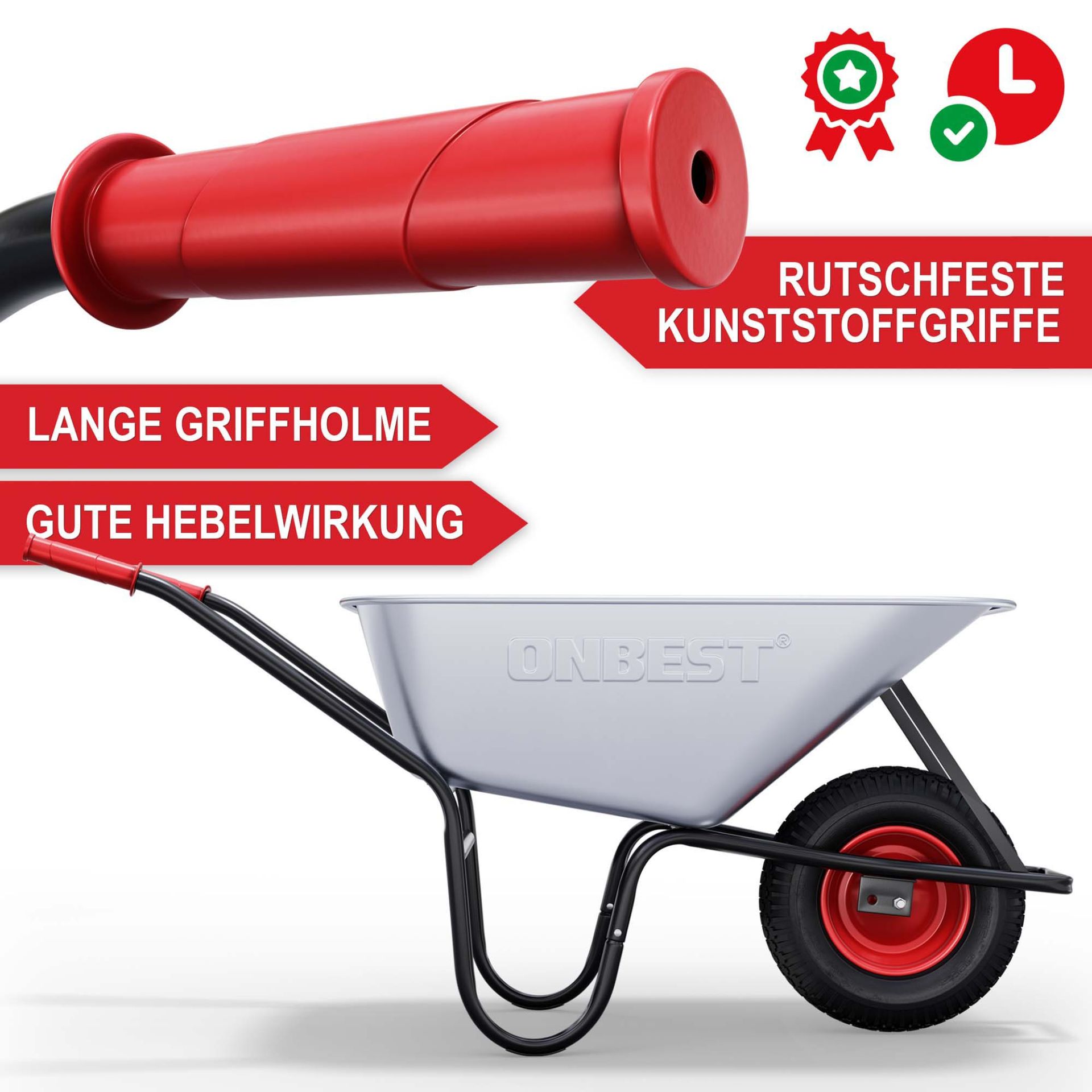 Schubkarre - rutschfeste Kunststoffgriffe, lange Griffholme, gute Hebelwirkung