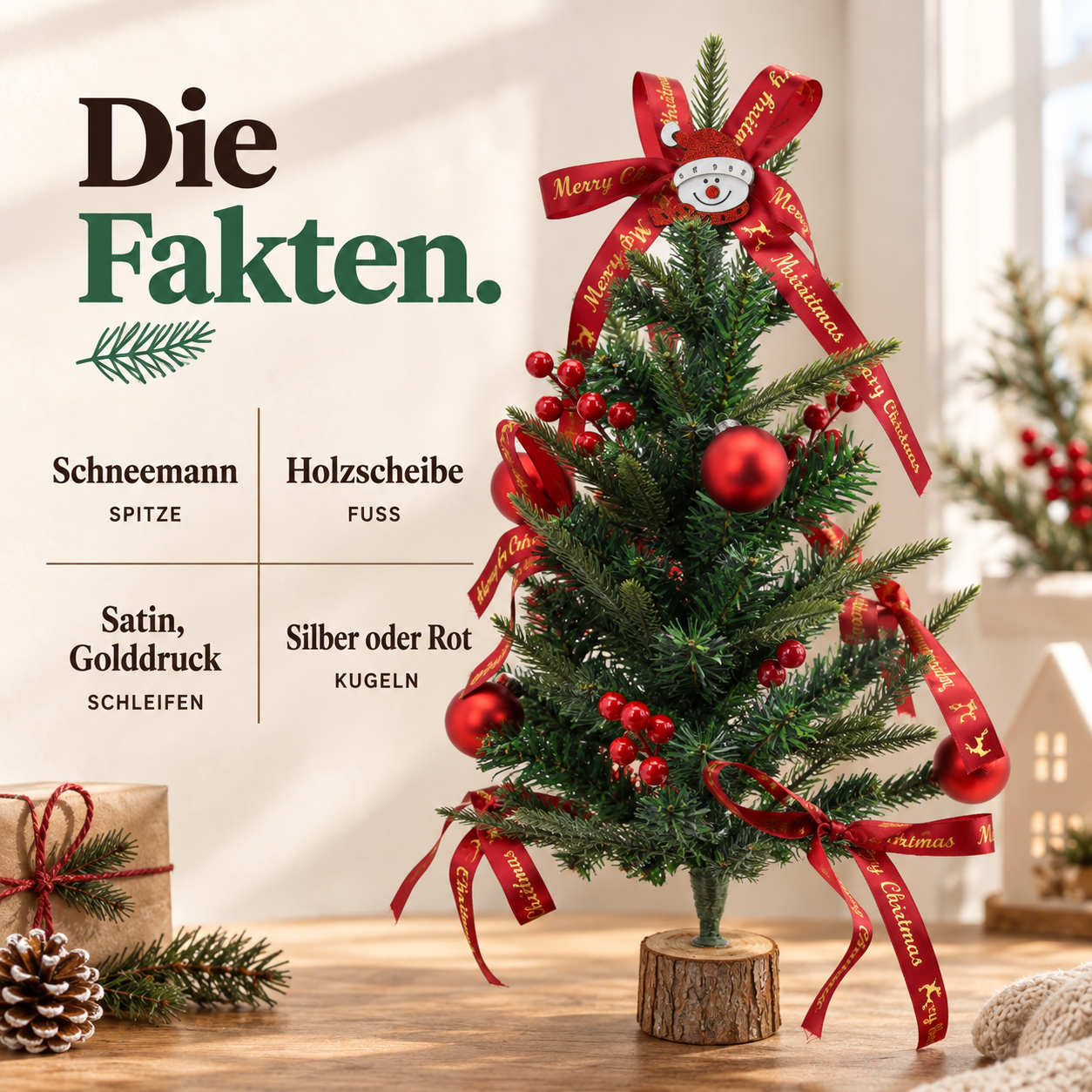 Fakten zum ONBEST Mini-Weihnachtsbaum: Holzfuß, rote Kugeln und Schleifen (Dieses Bild wurde mit Hilfe von KI generiert.)