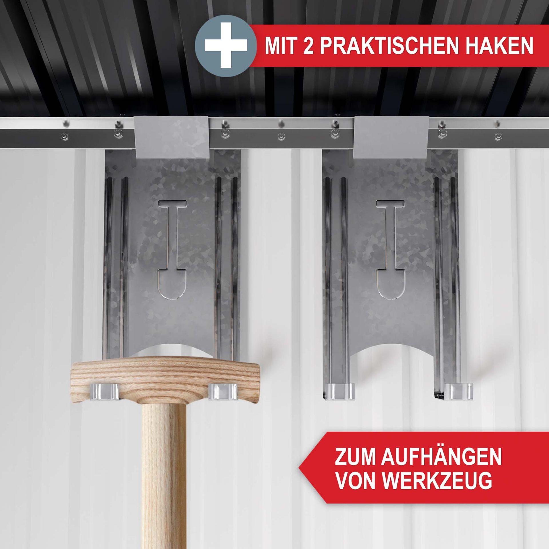 Gerätehaus mit zwei Haken zum Aufhängen von Werkzeug Gerätehaus mit zwei Haken zum Aufhängen von Werkzeug