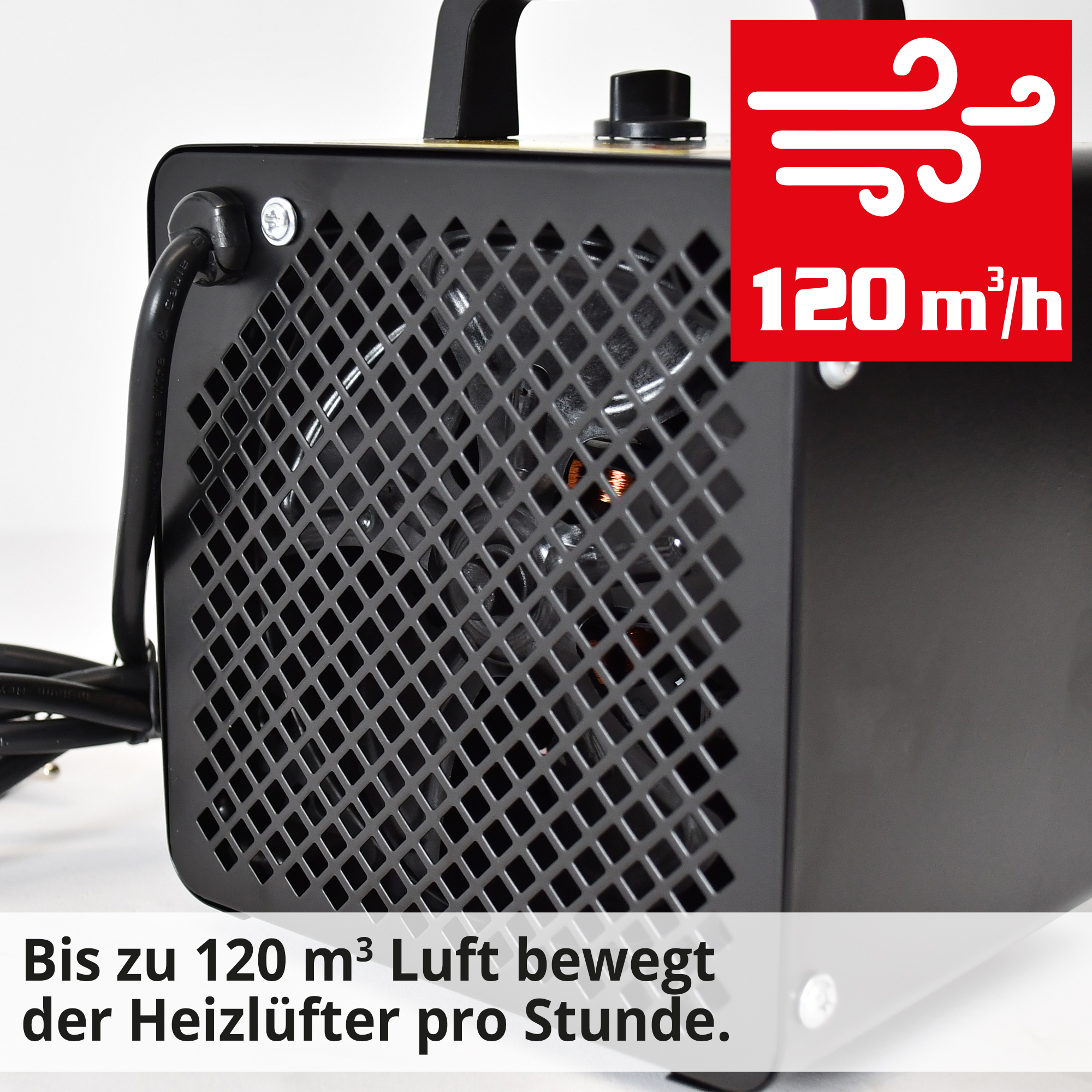 Hecht 3544 Keramik Heizlüfter; Bis zu 120 Kubikmeter Luft bewegt der Heizlüfter pro Stunde