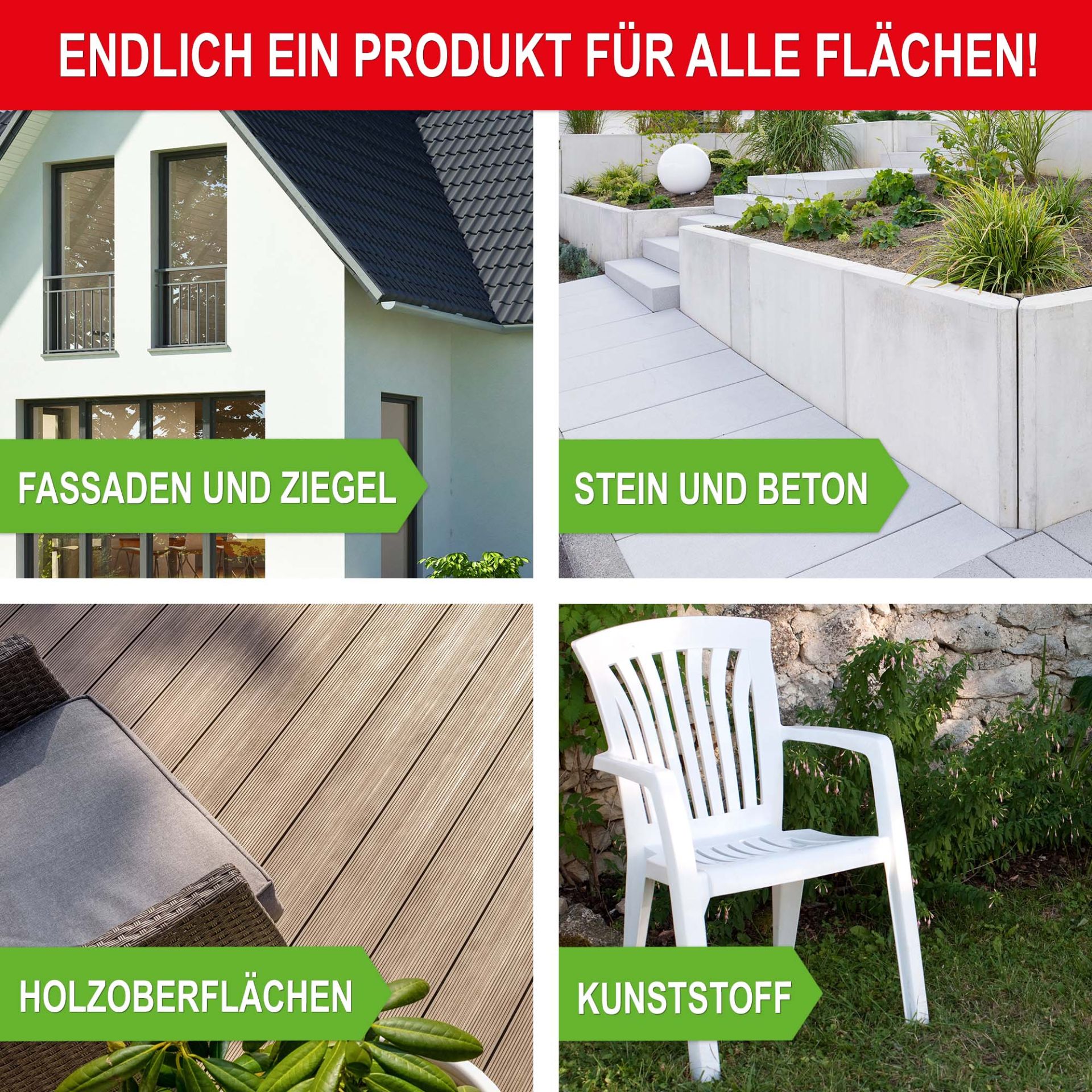 Produkt für alle Flächen, Fassaden und Ziegel, Stein und Beton, Holzoberflächen, Kunststoff - Grünbelag Entferner