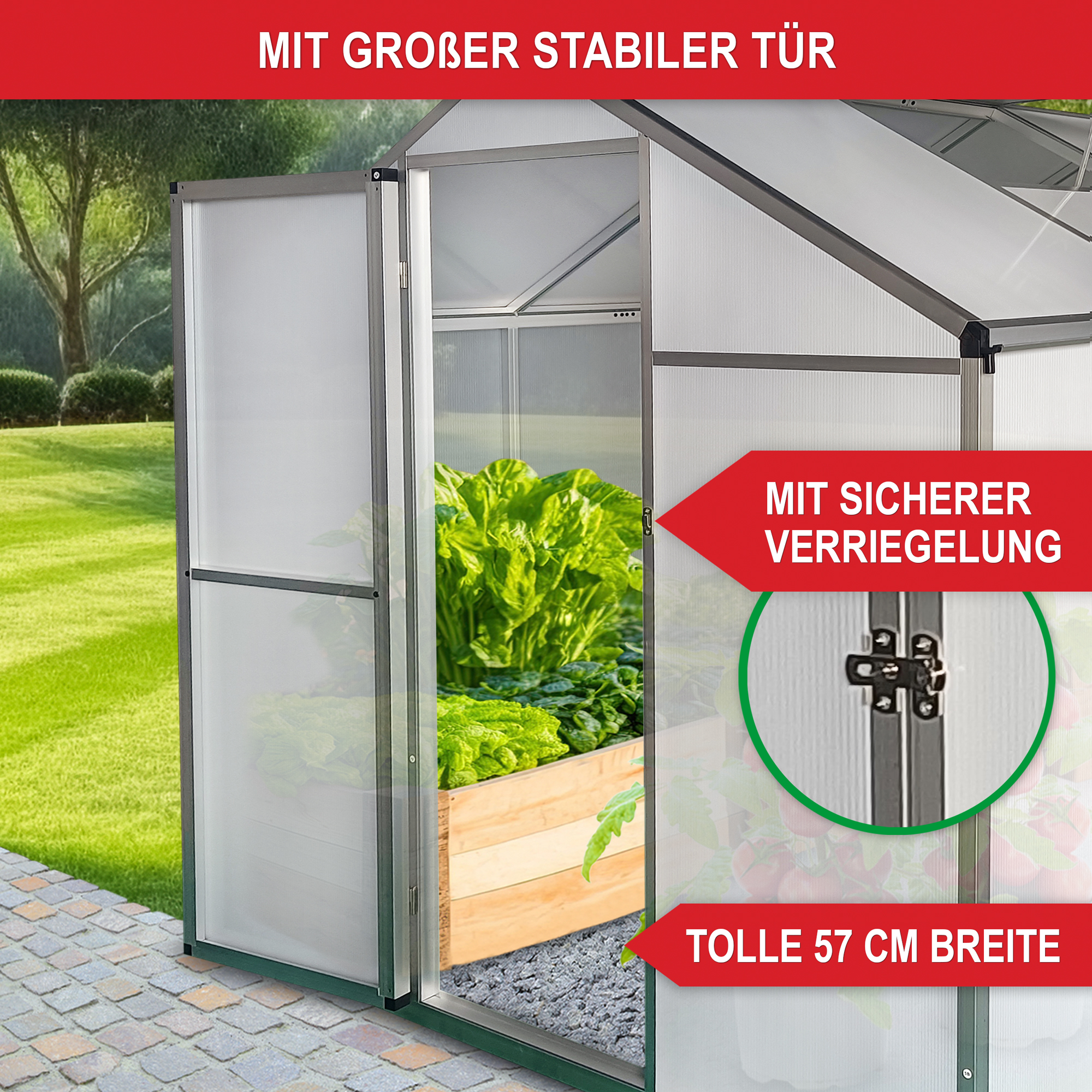 Gewächshaus Aluminium M - Mit großer stabiler Tür, mit sicherer Verriegelung