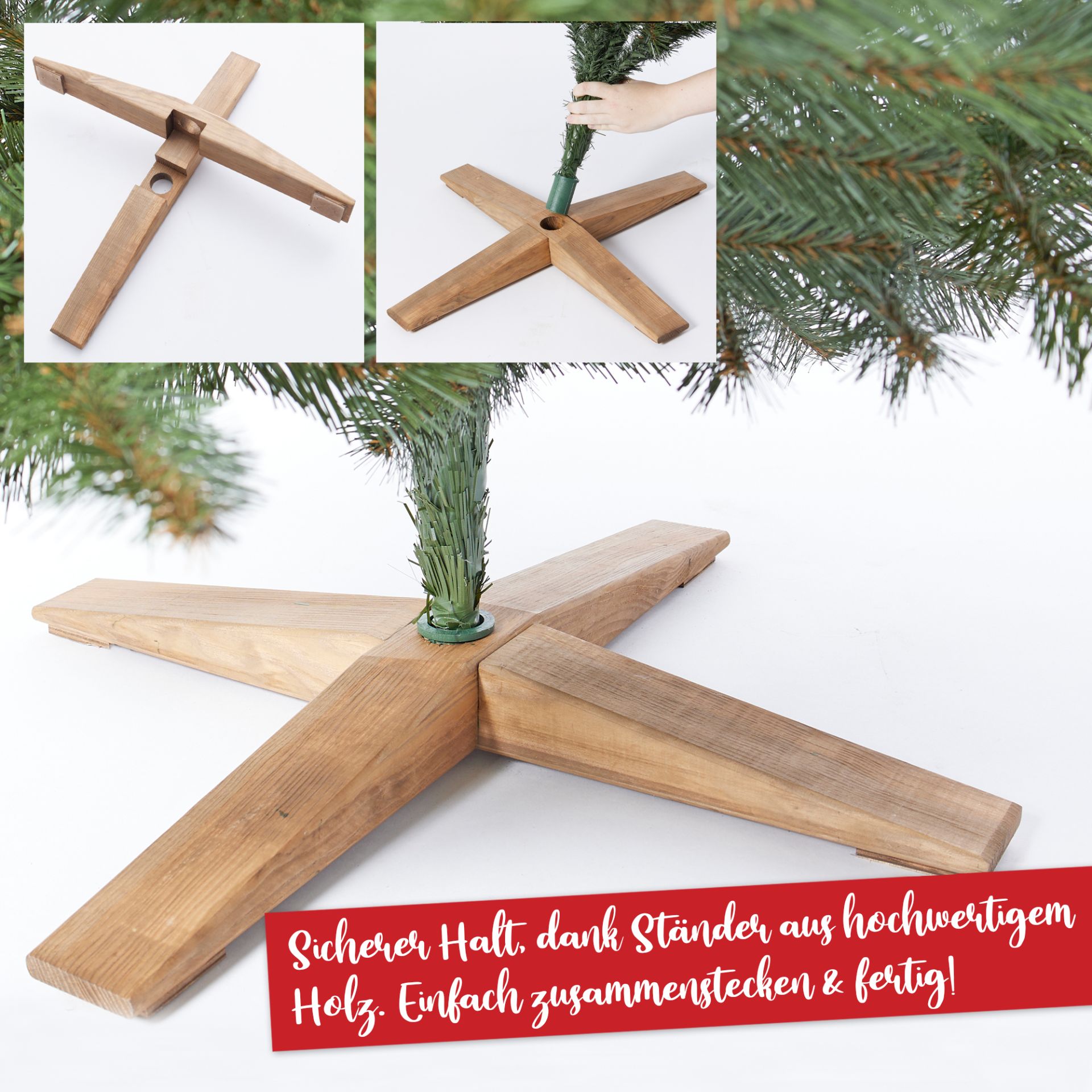 Weihnachtsbaum Classic 1,80 Meter - Sicherer Halt dank Ständer aus hochwertigem Holz, einfach zusammenstecken
