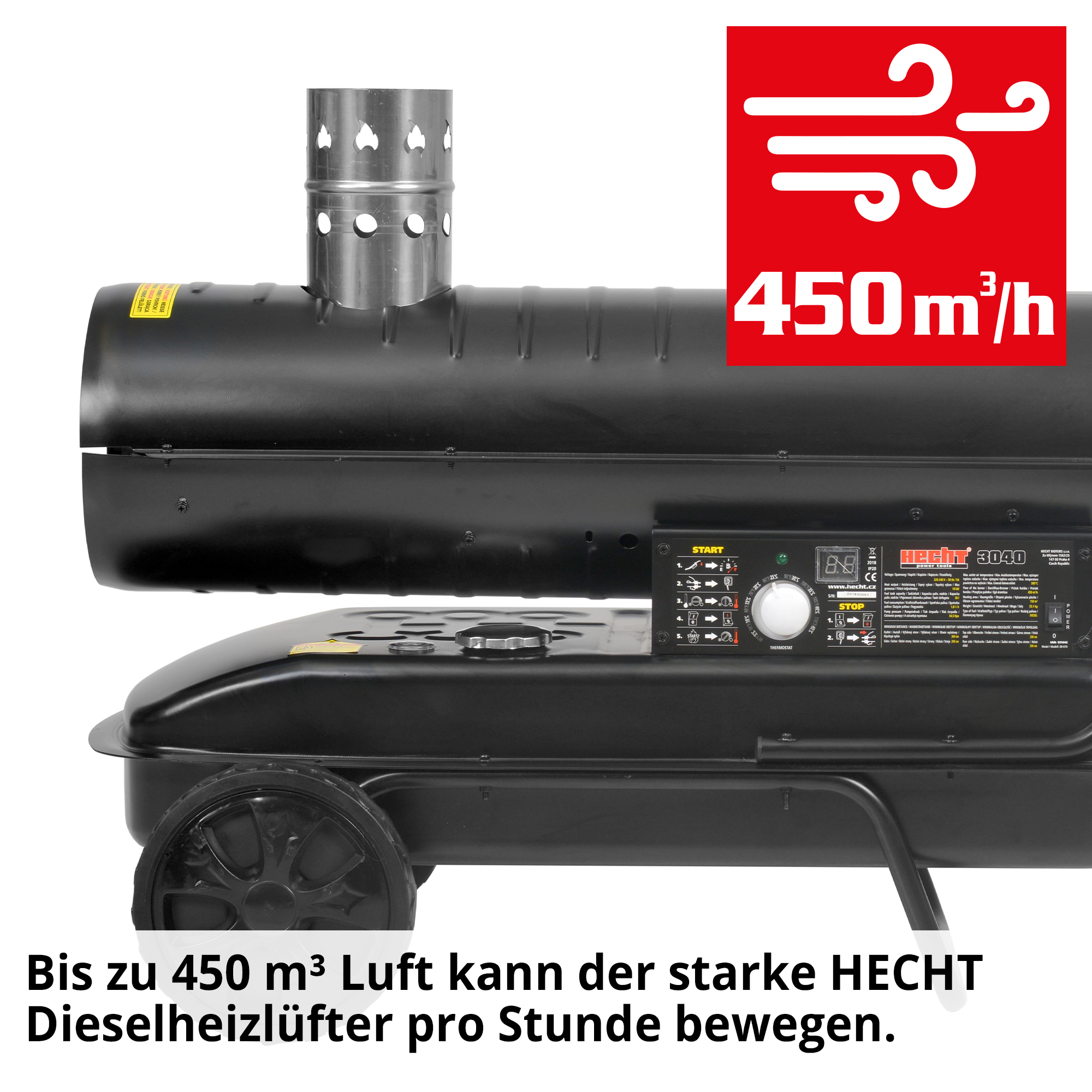 Diesel Heizkanone; Bis zu 450 Kubikmeter Luft kann die Heizkanone pro Stunde bewegen