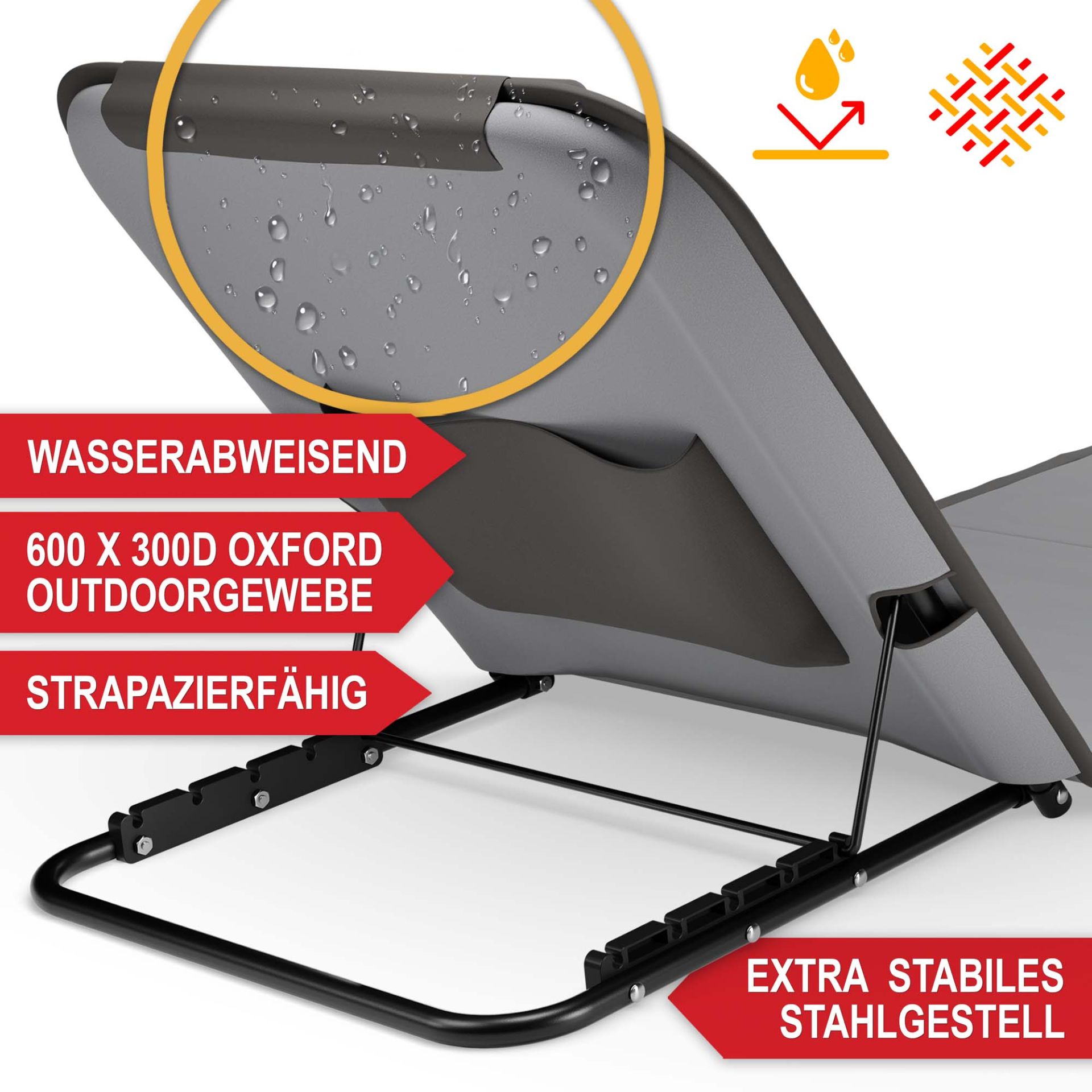 Strandliege grau - wasserabweisend, strapazierfähig, 600 mal 300D Oxford Outdoorgewebe, extra stabiles Stahlgestell