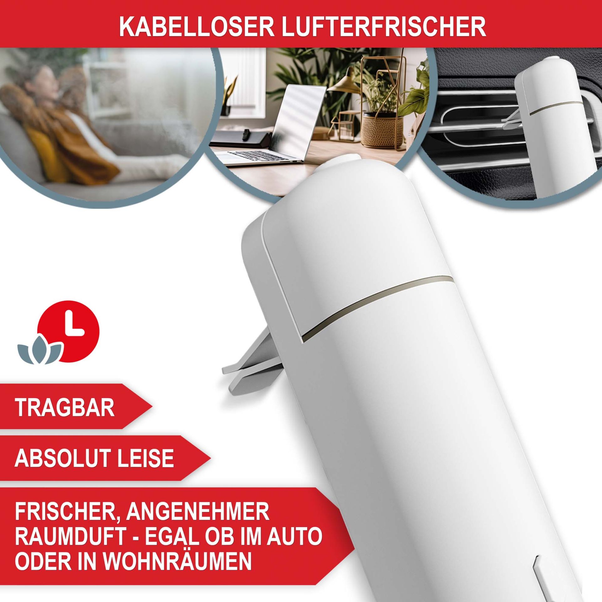 Aromadiffuser weiß - überall komfortabel zu platzieren, tragbar, absolut leise, frischer, angenehmer Raum-Duft, egal ob im Auto oder in Wohnräumen