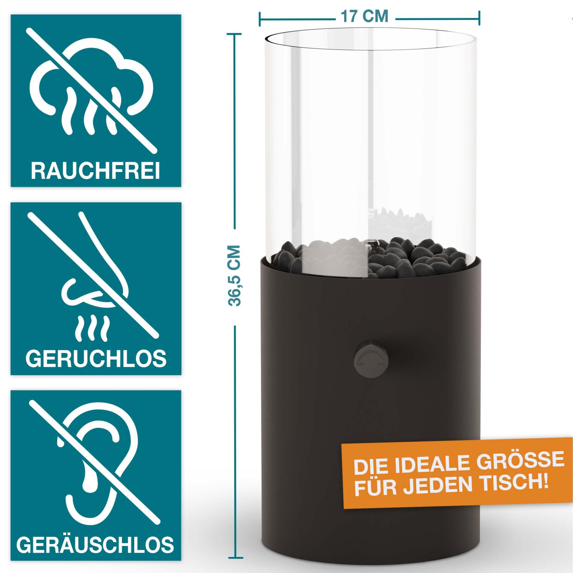 Gas-Tischkamin mit Größenangabe und Symbolen für rauchfrei, geruchlos und geräuschlos