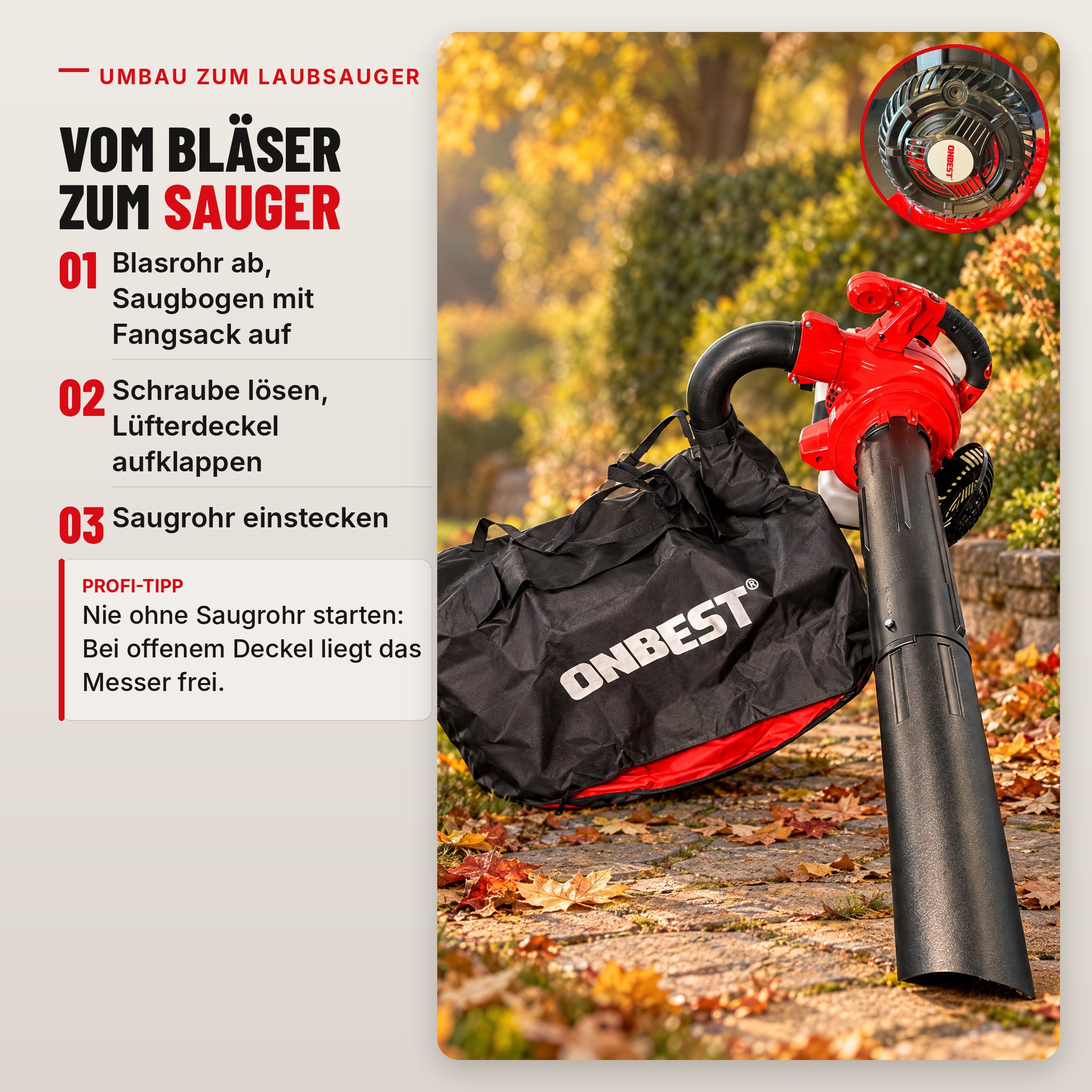 Umbau vom Bläser zum Sauger: Saugbogen und Fangsack am ONBEST LV850 anbringen (Dieses Bild wurde mit Hilfe von KI generiert.)