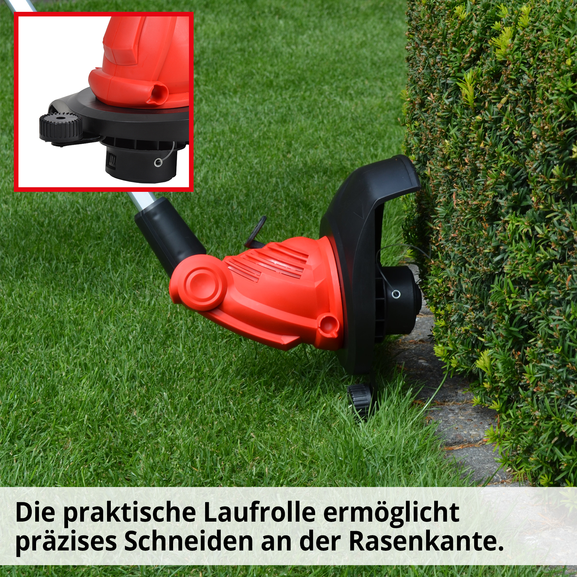 Rasentrimmer; Laufrolle für präzises Schneiden an den Rasenkanten