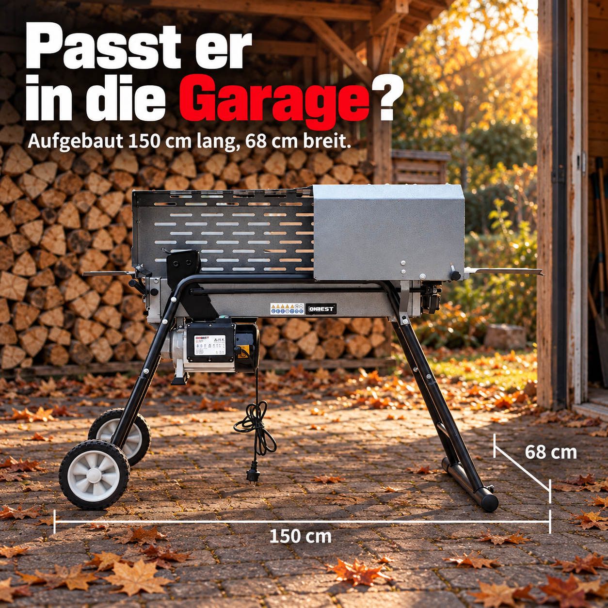 ONBEST Holzspalter 150x68 cm: Kompakte Maße passen ideal in jede Garage (Dieses Bild wurde mit Hilfe von KI generiert.)