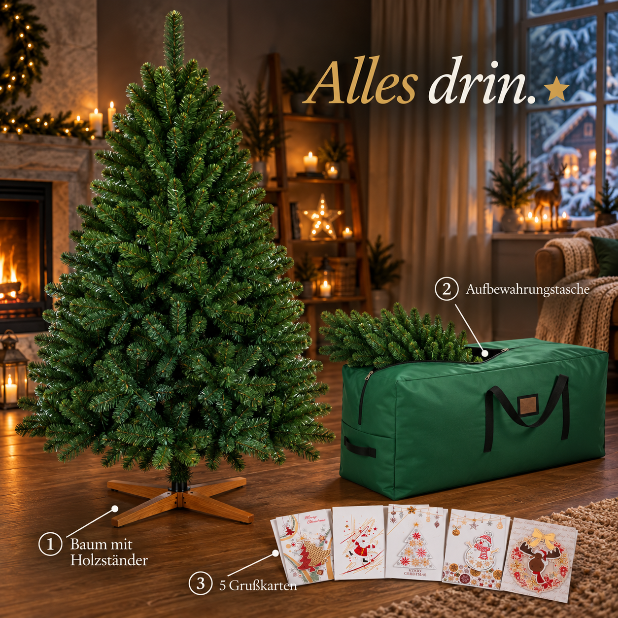 ONBEST Weihnachtsbaum Set: Kunsttanne, Holzfuß, Tasche und Grußkarten (Dieses Bild wurde mit Hilfe von KI generiert.)