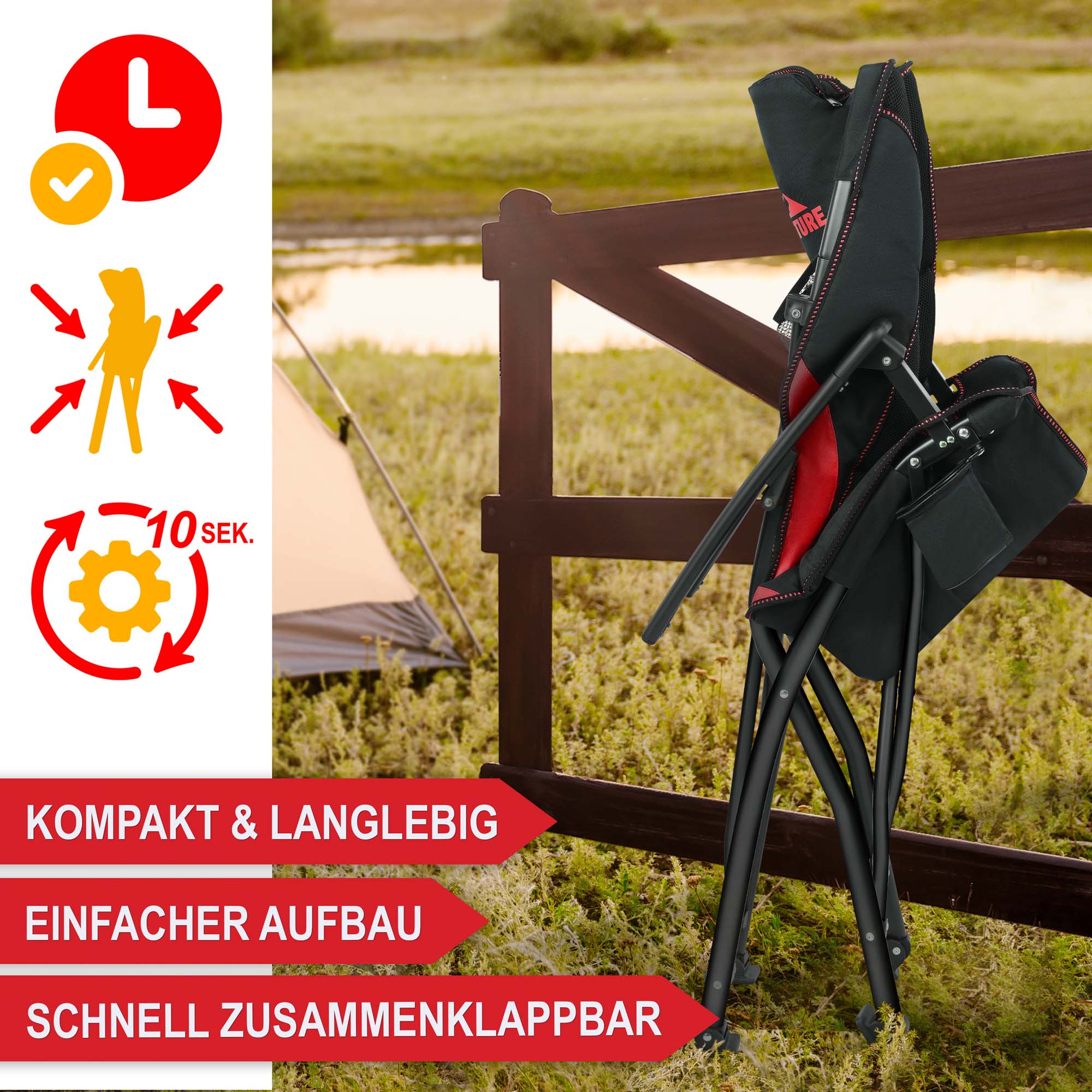 Campingstuhl schwarz/rot - Kompakt und langlebig, einfacher Aufbau, schnell Zusammenklappbar