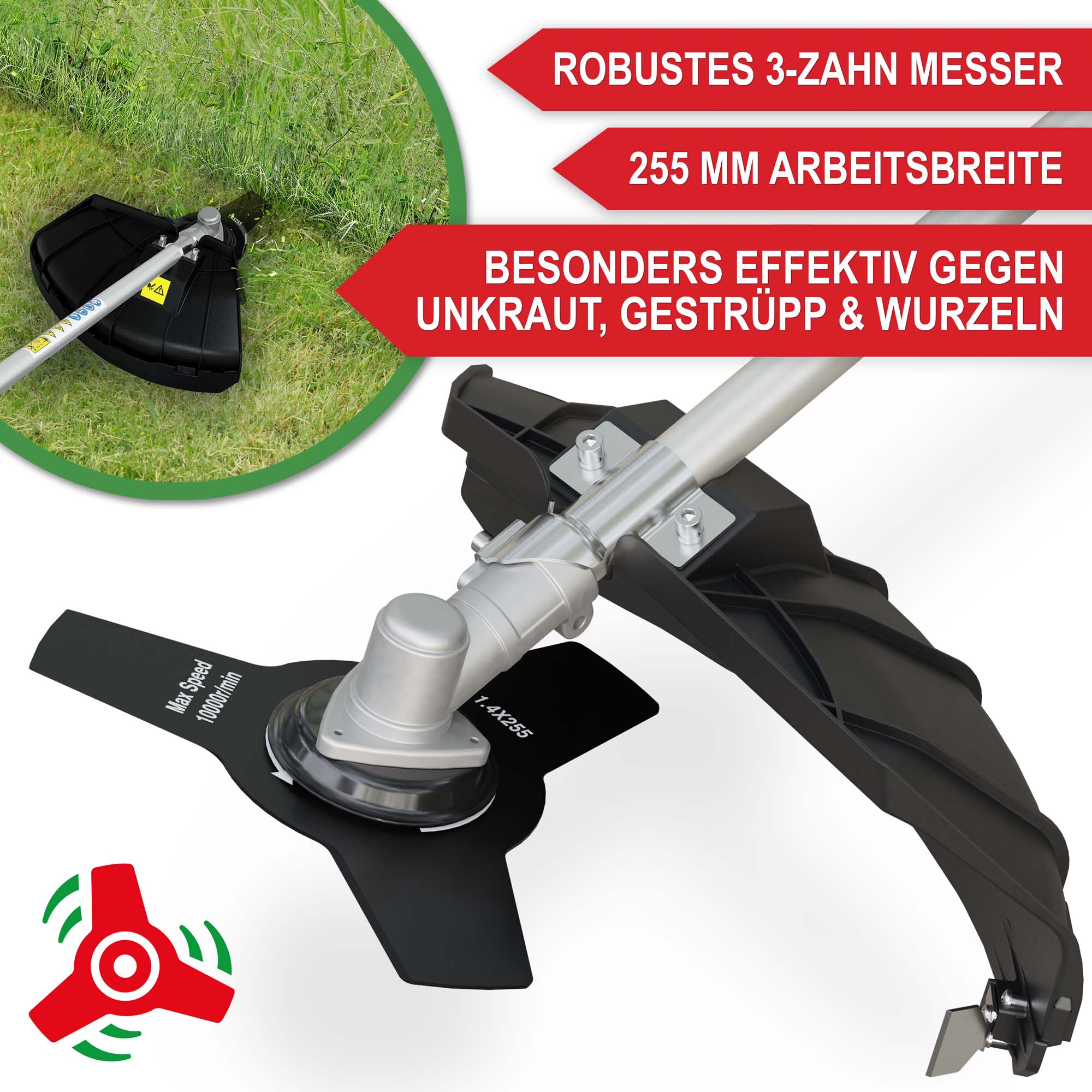 Multitool Benzin 4in1 1452 mit robustem 3-Zahn Messer, breiter Arbeitsbreite, besonders effektiv gegen Unkraut, Gestrüpp und Wurzeln