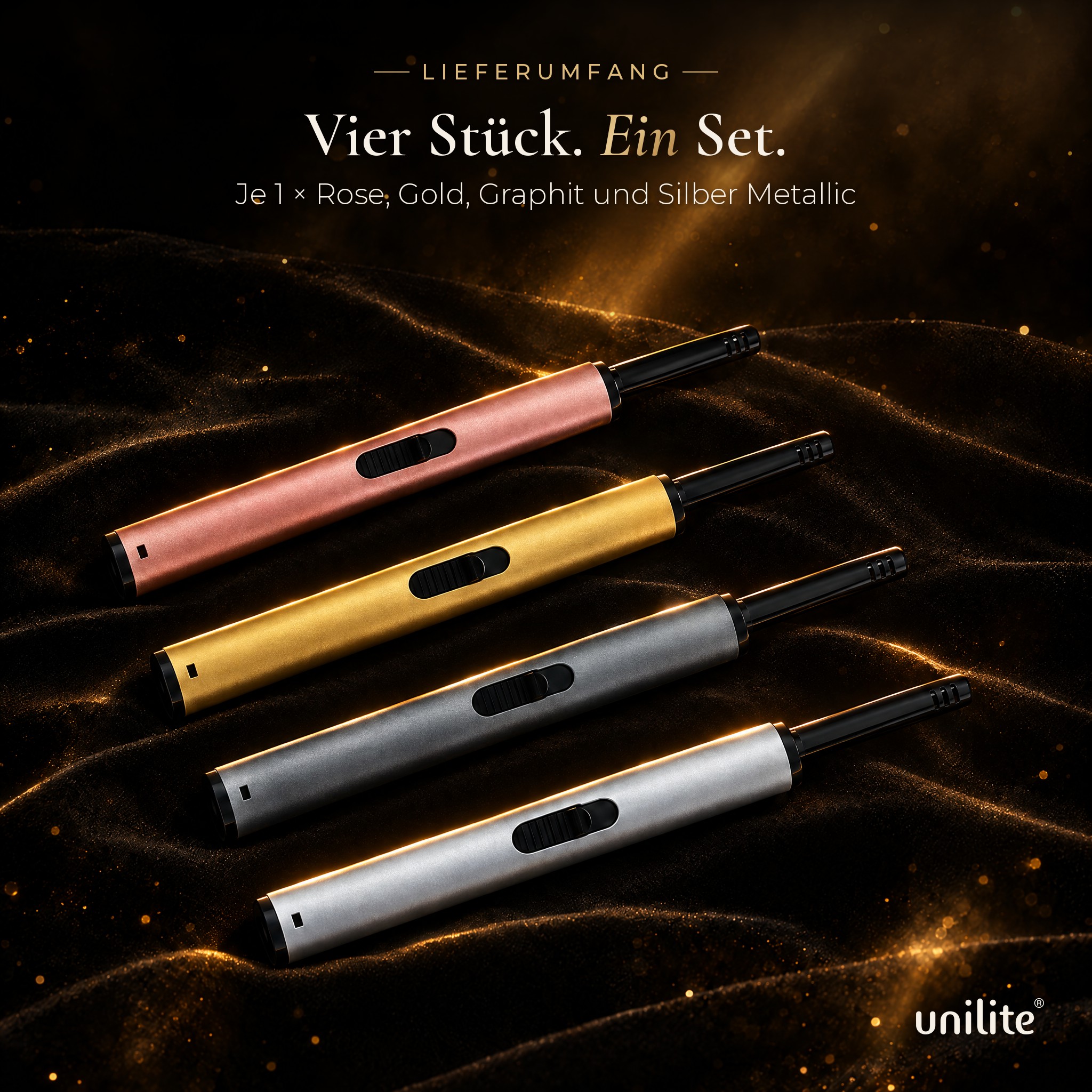 Feuerzeug 4er-Set: Lieferumfang mit Rosé, Gold, Graphit und Silber (Dieses Bild wurde mit Hilfe von KI generiert.)